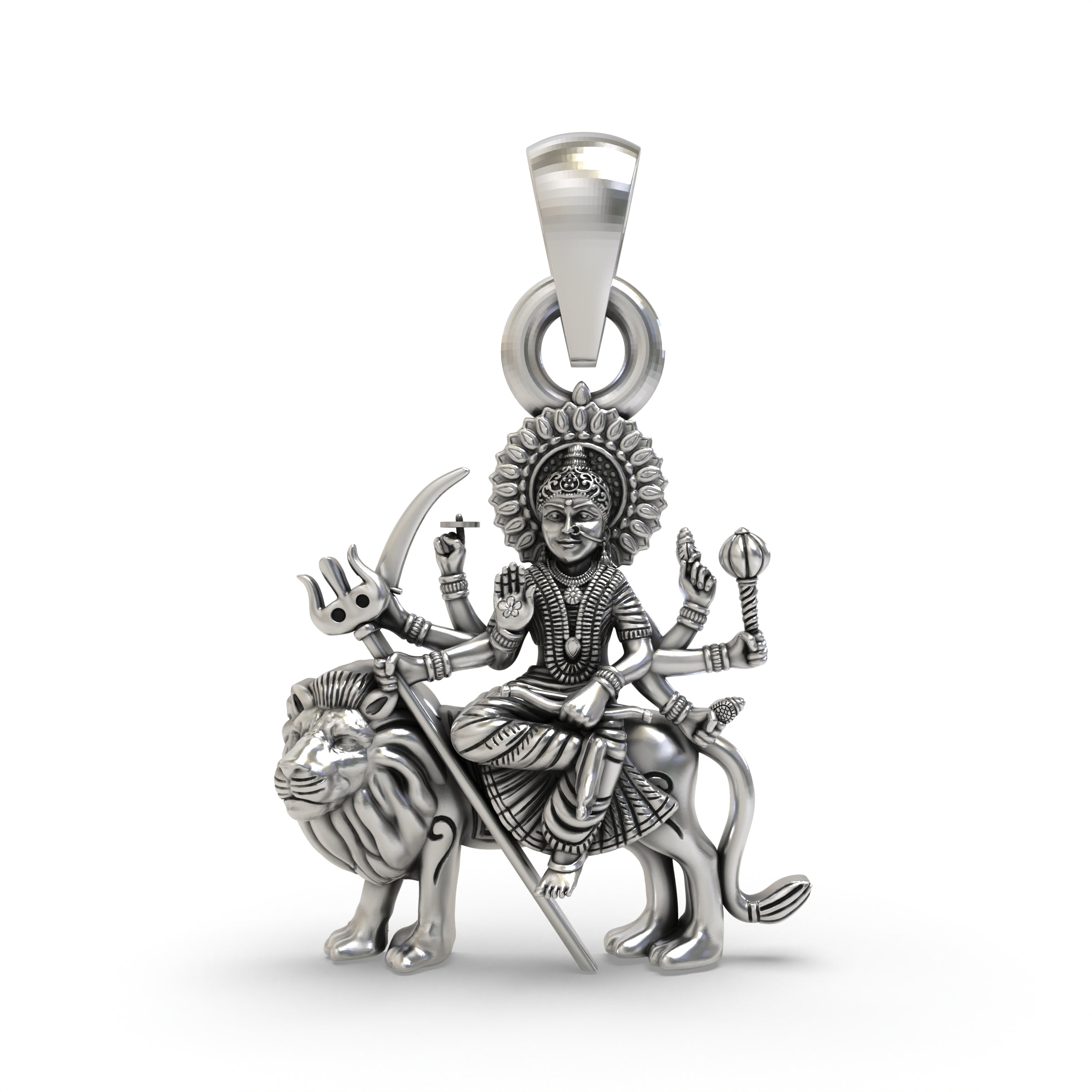 Front view of the intricately detailed Durga Maa sitting on lion 925 silver pendant with an oxidized finish. Main image