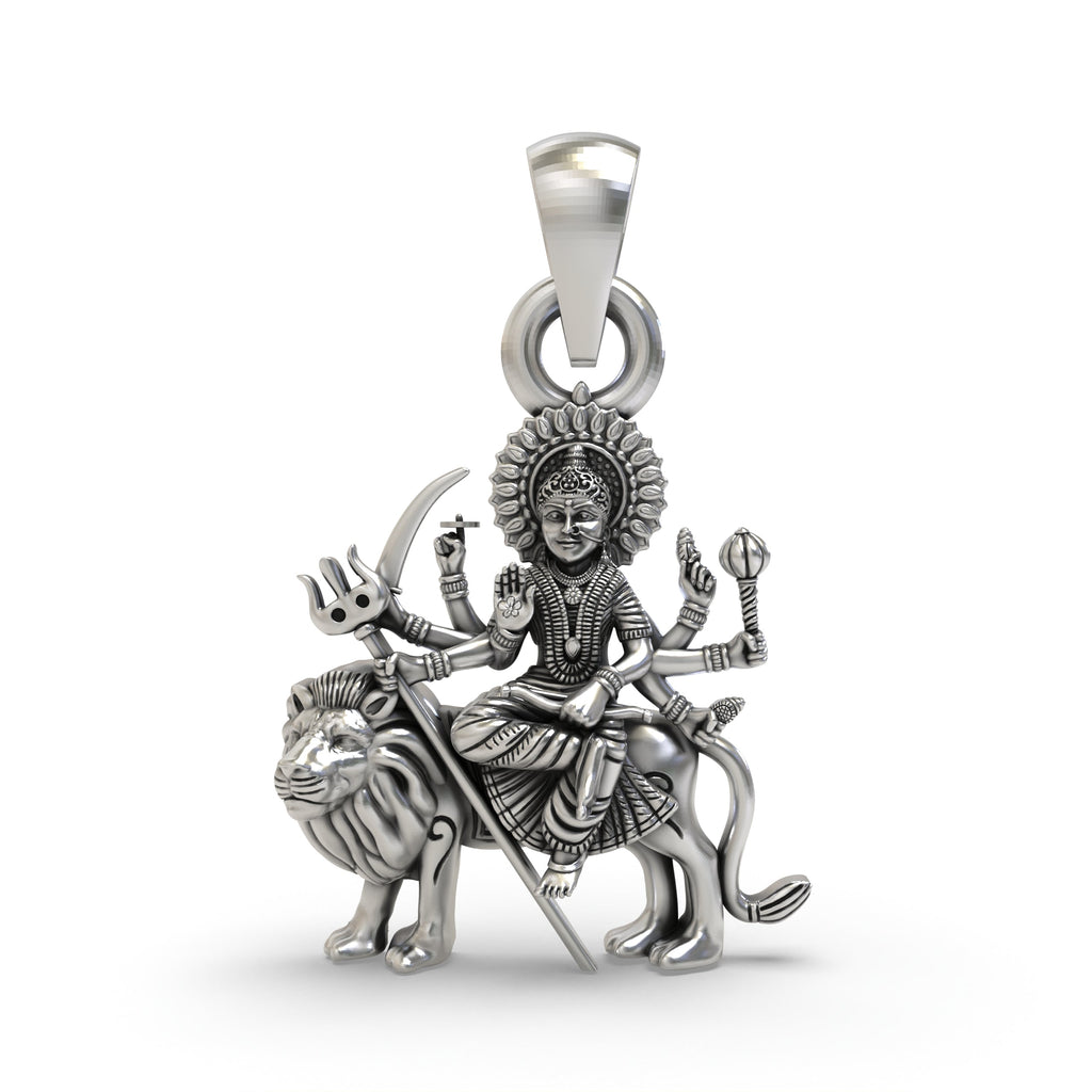 Front view of the intricately detailed Durga Maa sitting on lion 925 silver pendant with an oxidized finish.