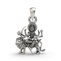 Front view of the intricately detailed Durga Maa sitting on lion 925 silver pendant with an oxidized finish.