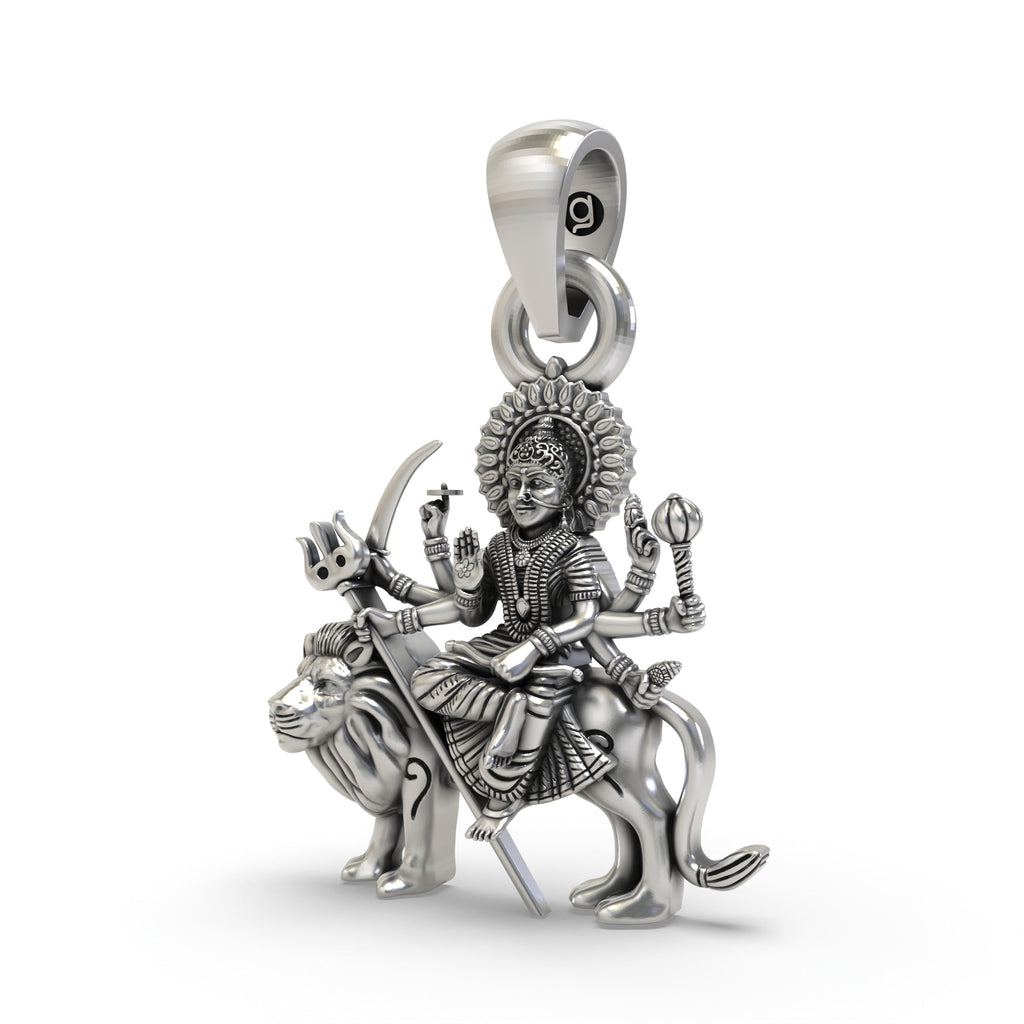 Angled side profile of the Durga Maa on lion 925 silver pendant, showcasing its divine craftsmanship.
