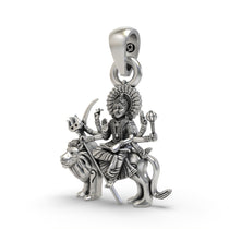 Angled side profile of the Durga Maa on lion 925 silver pendant, showcasing its divine craftsmanship.