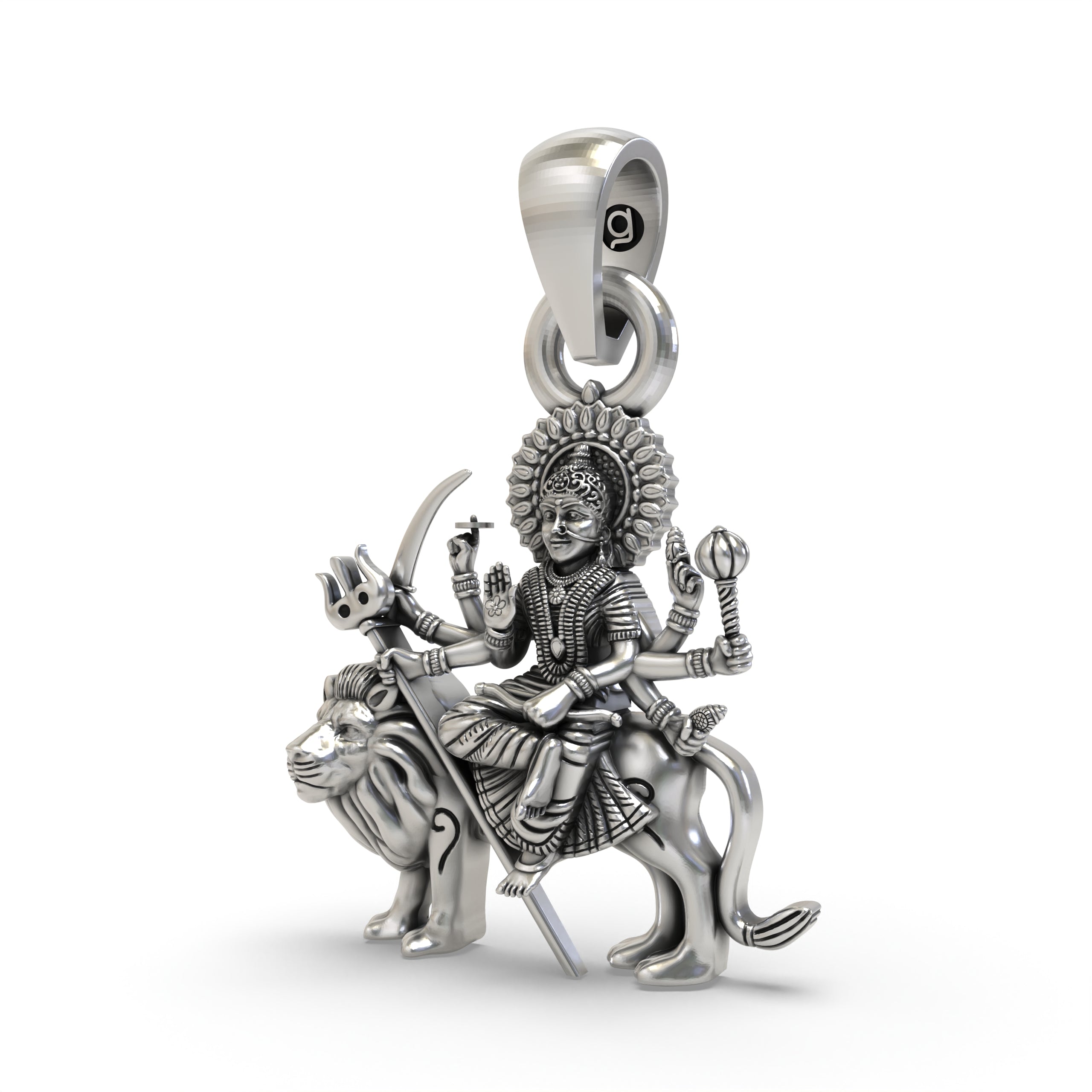 Angled side profile of the Durga Maa on lion 925 silver pendant, showcasing its divine craftsmanship.