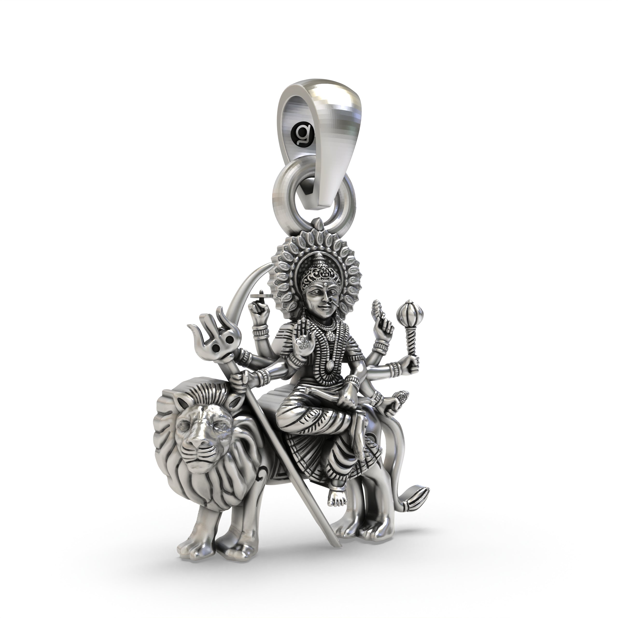 Close-up of the goddess Durga Maa's face and lion on the handcrafted 925 sterling silver Shakti pendant.