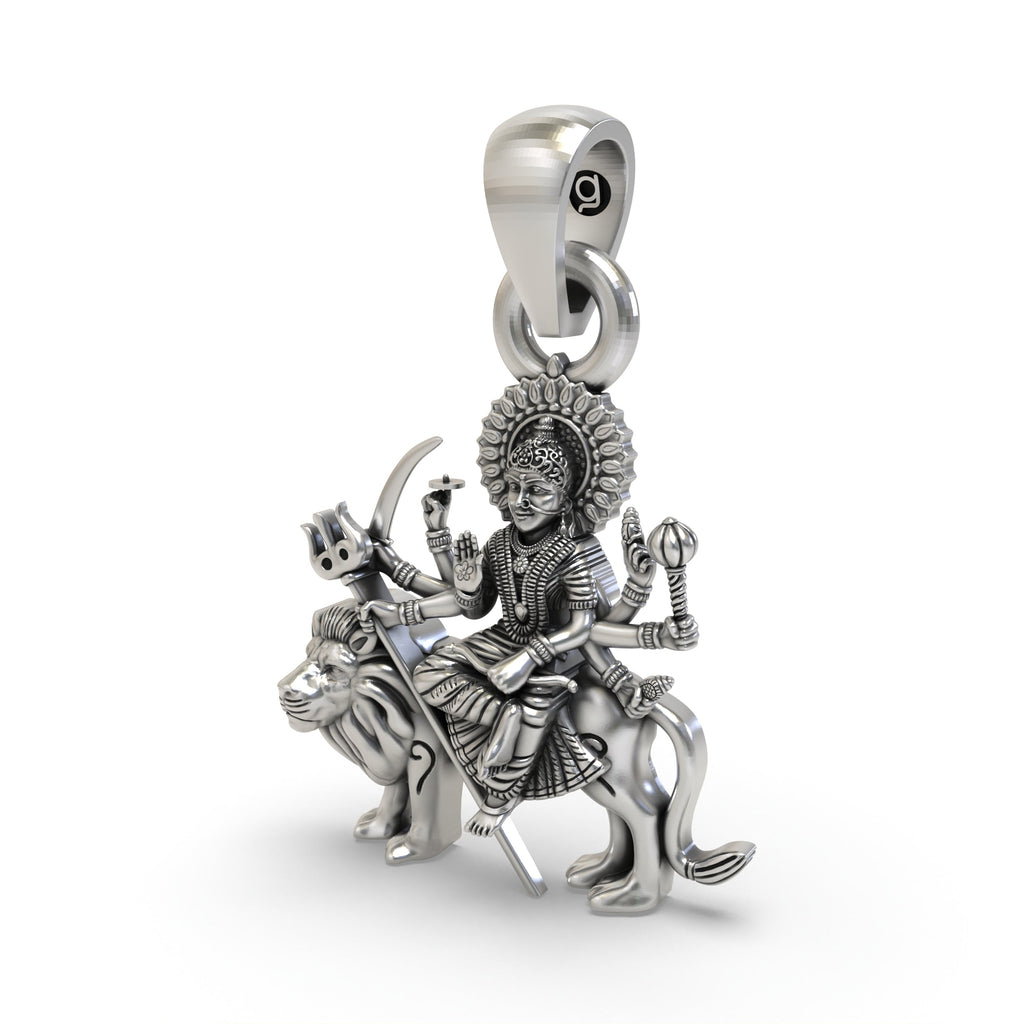 Back view of the lightweight Durga Maa on lion 925 silver pendant, showing the hollow design for comfort.
