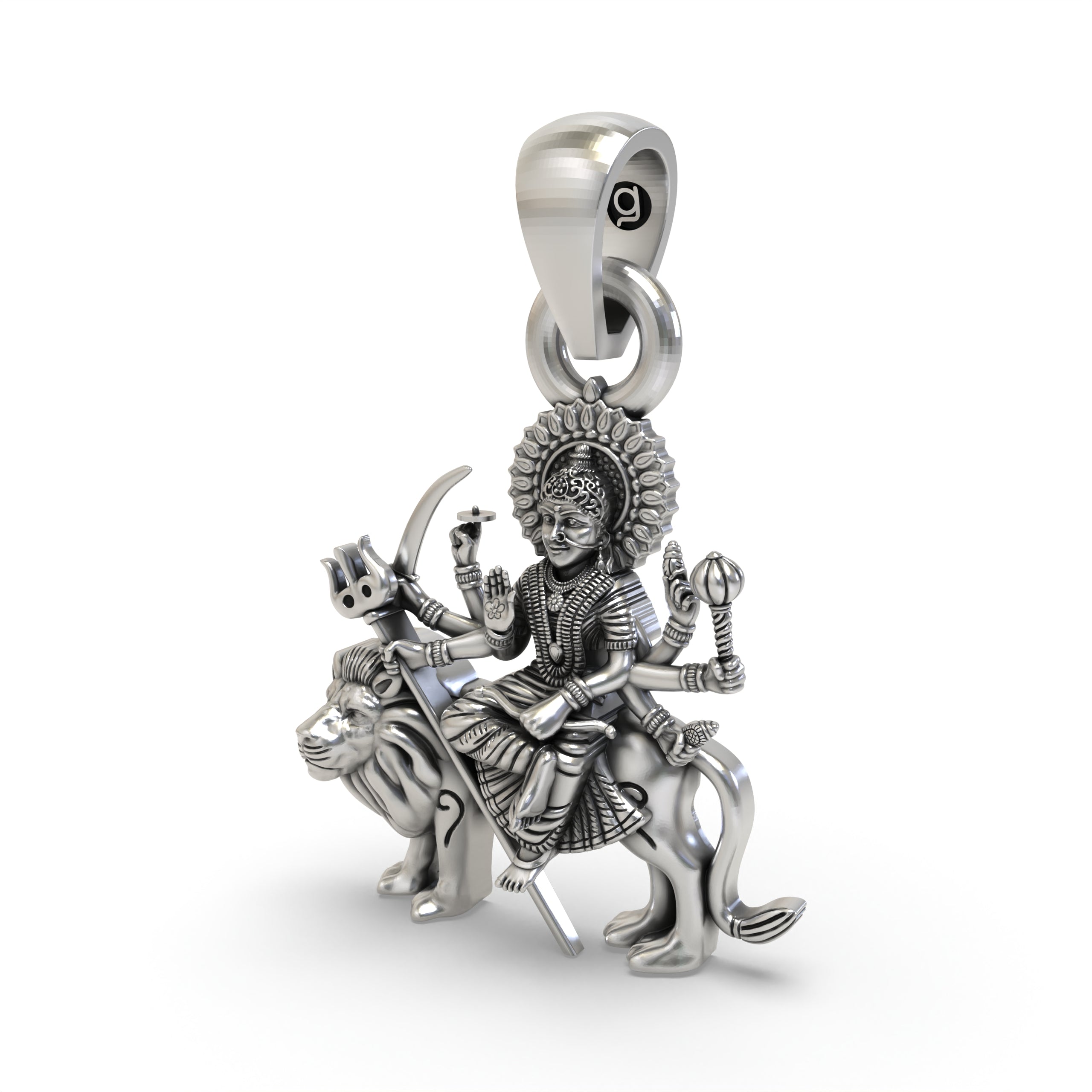 Back view of the lightweight Durga Maa on lion 925 silver pendant, showing the hollow design for comfort.