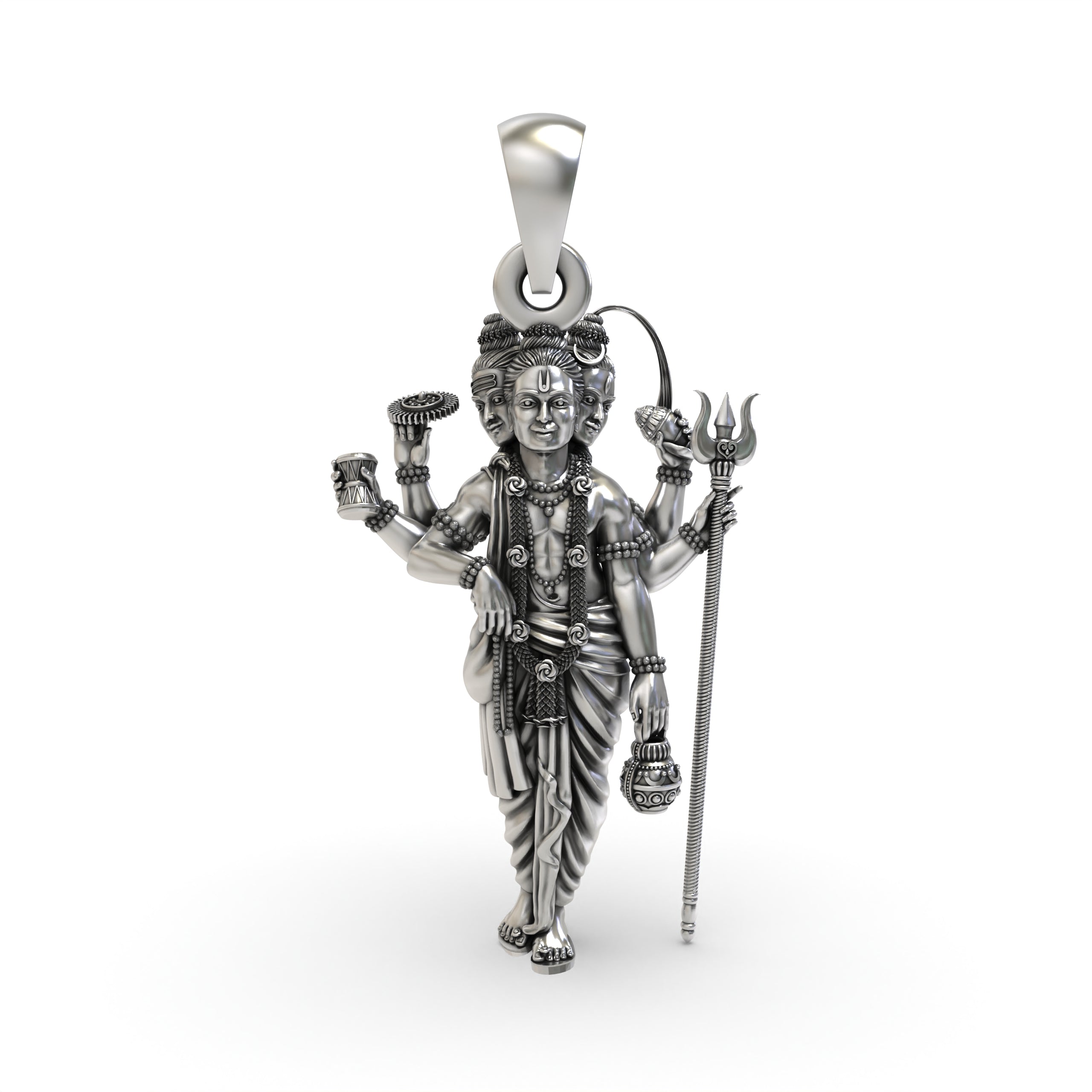 Front view of the handcrafted 925 silver Guru Dattatreya pendant showing the three faces of the Tridev avatar.
