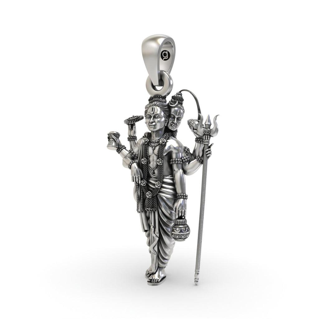 Angled view of the oxidized 925 silver Guru Dattatreya pendant, highlighting its intricate devotional details.