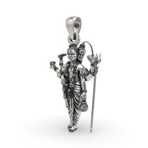 Angled view of the oxidized 925 silver Guru Dattatreya pendant, highlighting its intricate devotional details.