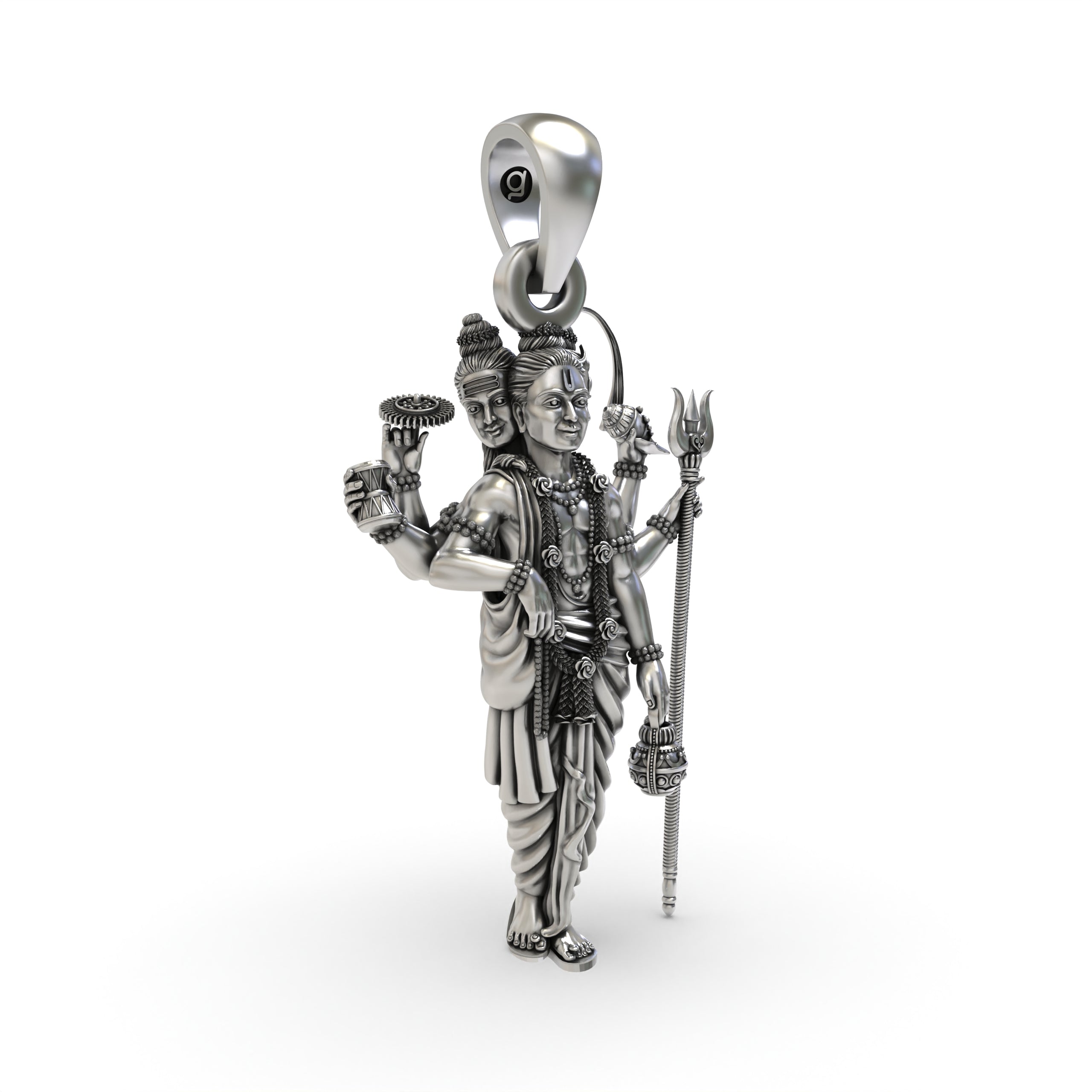 Close-up of the Guru Dattatreya Tridev avatar pendant, showcasing the fine handmade craftsmanship in silver.