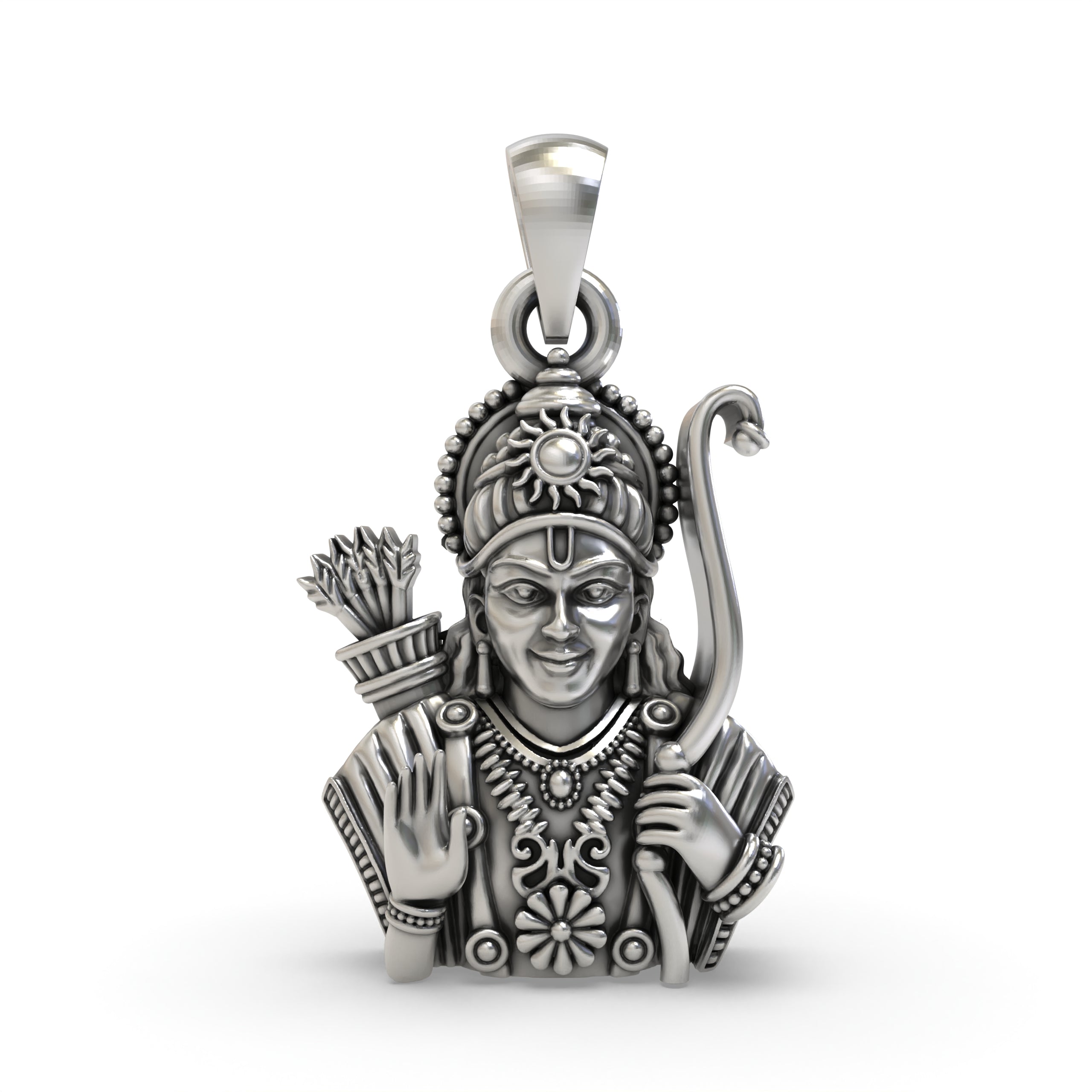Front view of the handcrafted 925 silver Lord Ram pendant, showcasing the detailed oxidized form of Shri Ram.