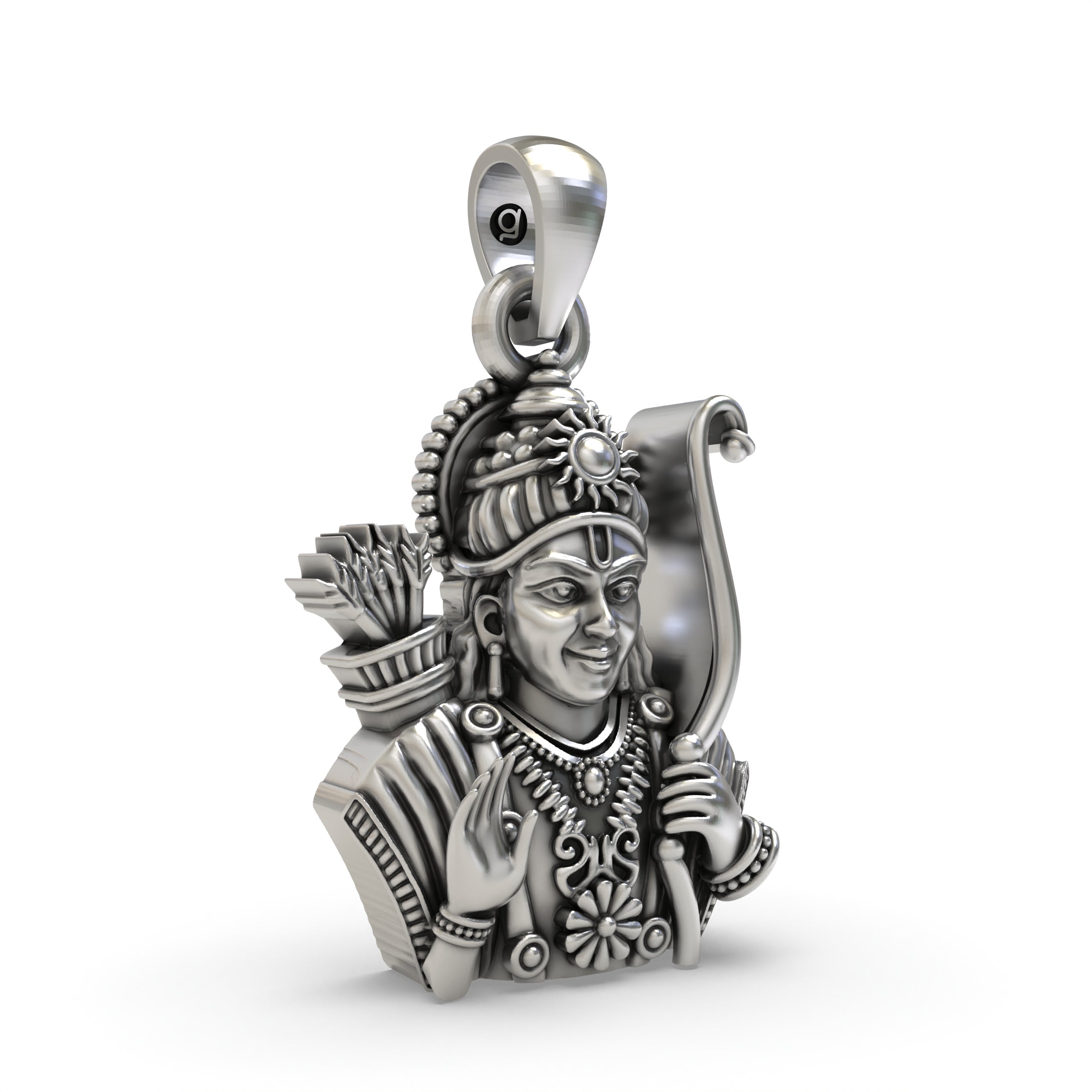 Close-up detail of the 925 silver Lord Ram pendant, emphasizing the intricate features of Shri Ram in oxidized silver.