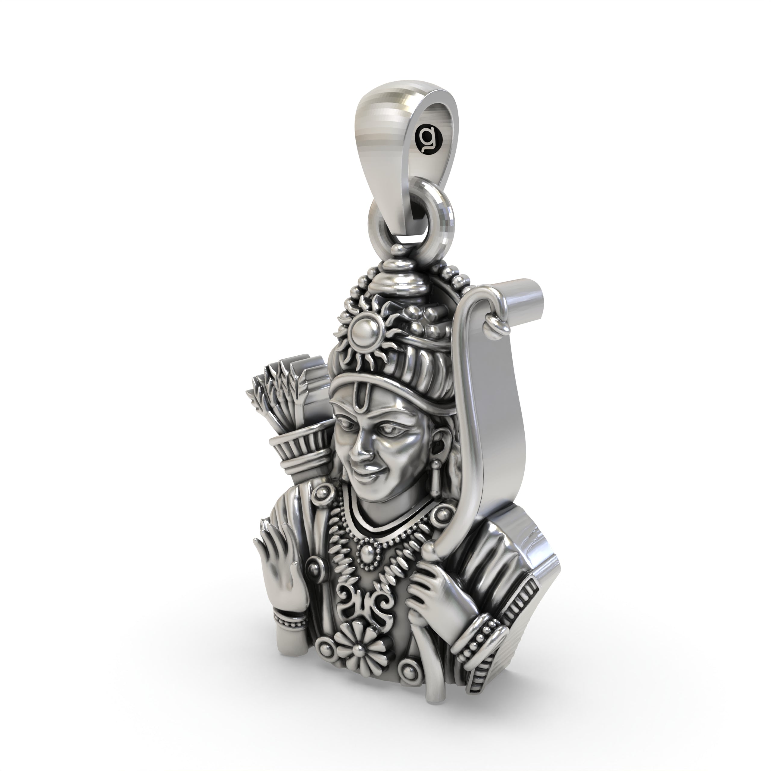 The 925 silver Lord Ram pendant for protection and faith, shown with its lightweight hollow back design for comfort.