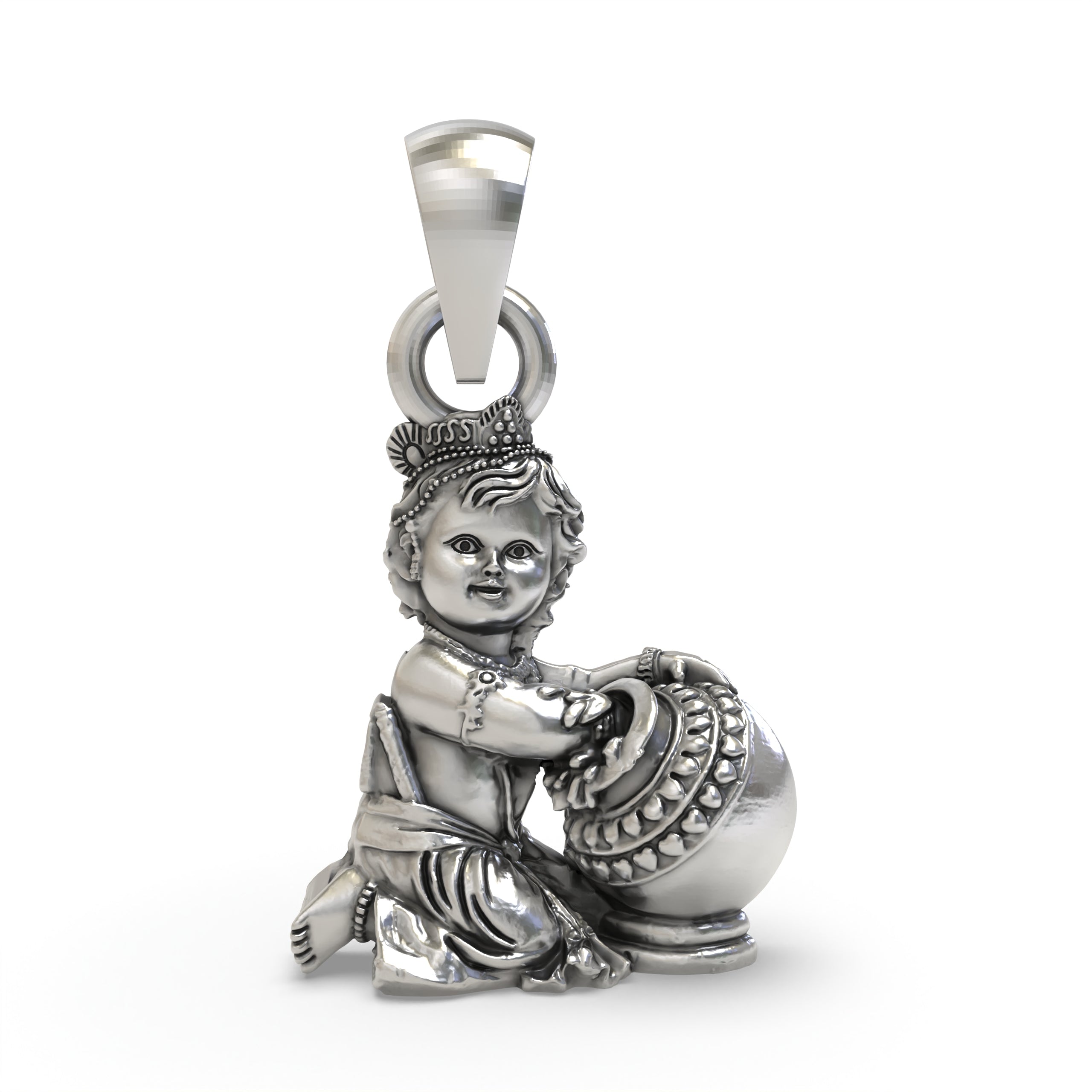 Front view of the handcrafted Baal Krishna 925 silver pendant, showing the detailed baby Krishna (Laddu Gopal) form.