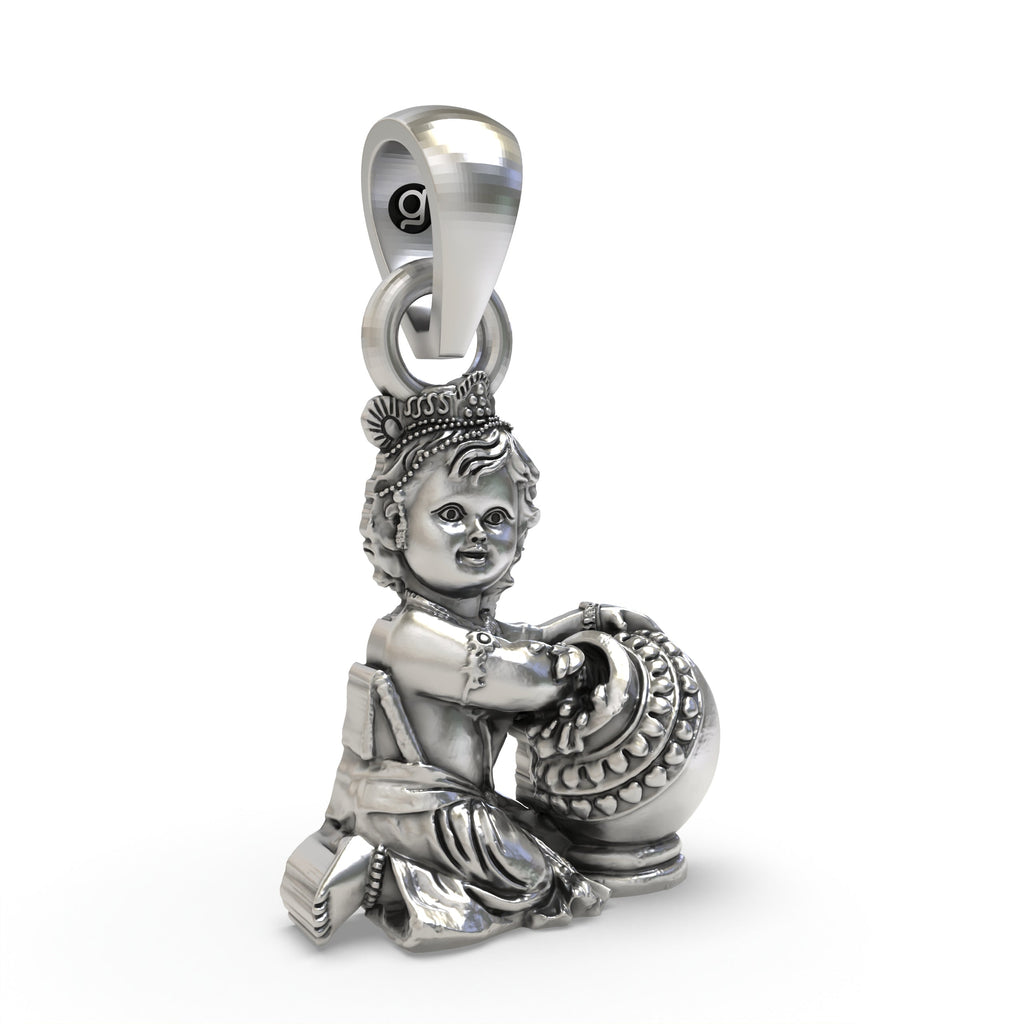 Angled side view of the spiritual Baal Krishna pendant in 925 sterling silver, showing its dimensions and craftsmanship.