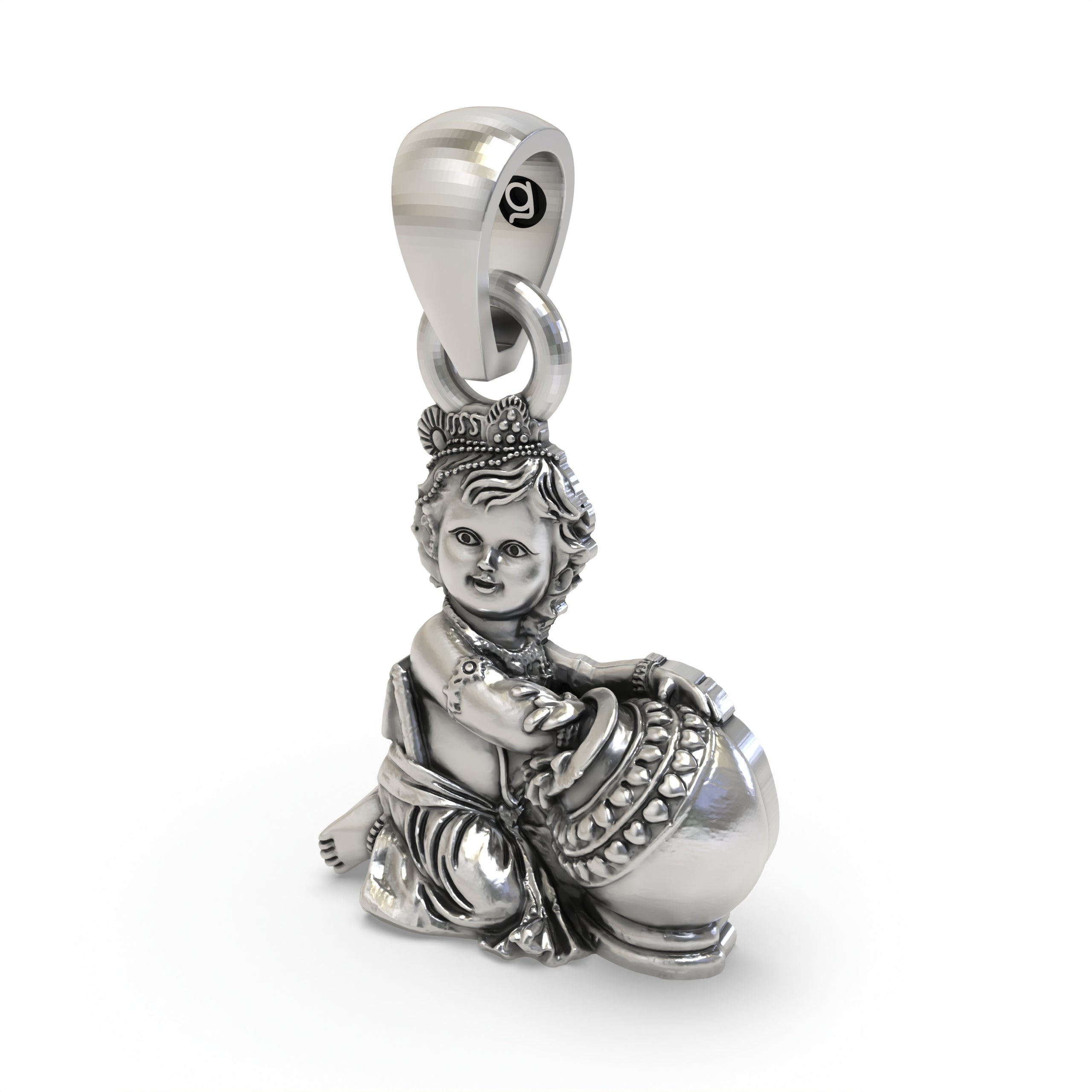 The Baal Krishna (Laddu Gopal) 925 silver pendant worn to show its size and how it looks as devotional jewelry.
