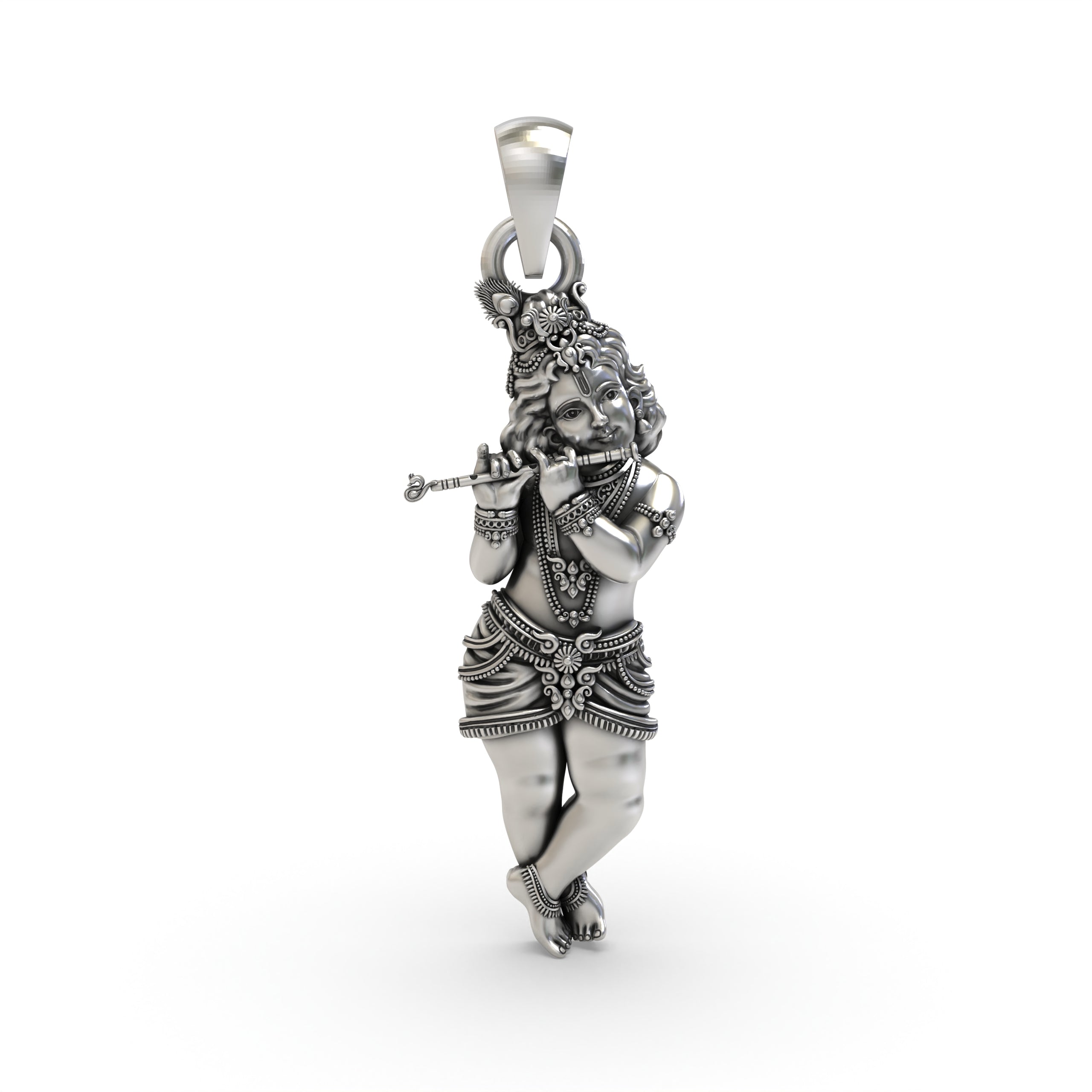 Front view of the 925 sterling silver Krishna pendant, showing the Lord playing a flute with an antique oxidized finish. Main image