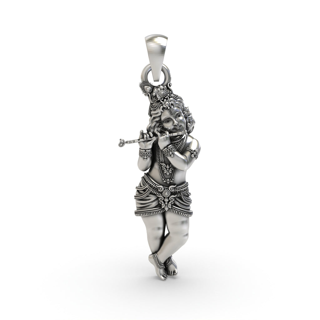 Front view of the 925 sterling silver Krishna pendant, showing the Lord playing a flute with an antique oxidized finish.