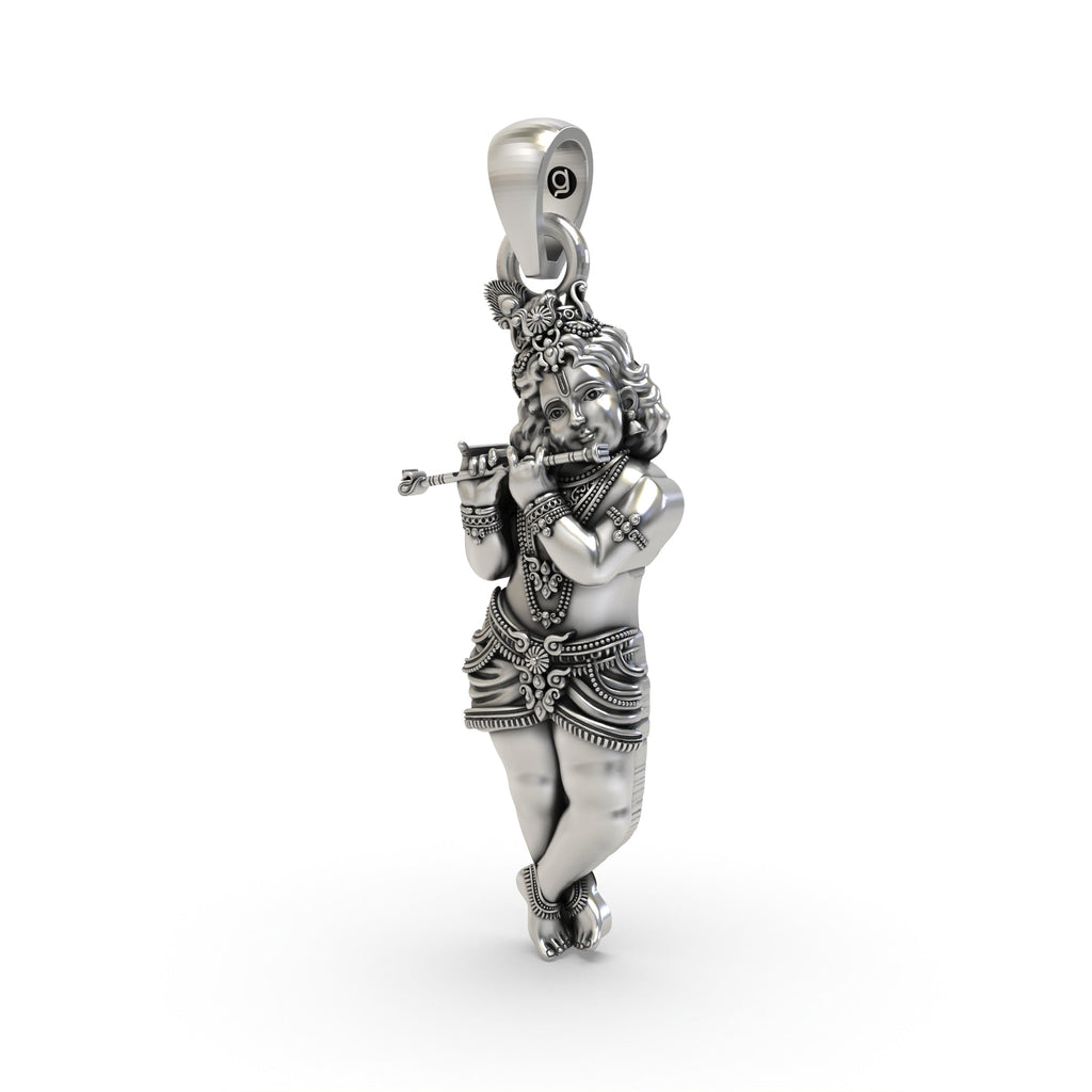 Angled side view of the Alankar Krishna flute pendant in 925 silver, highlighting its lightweight hollow back design.