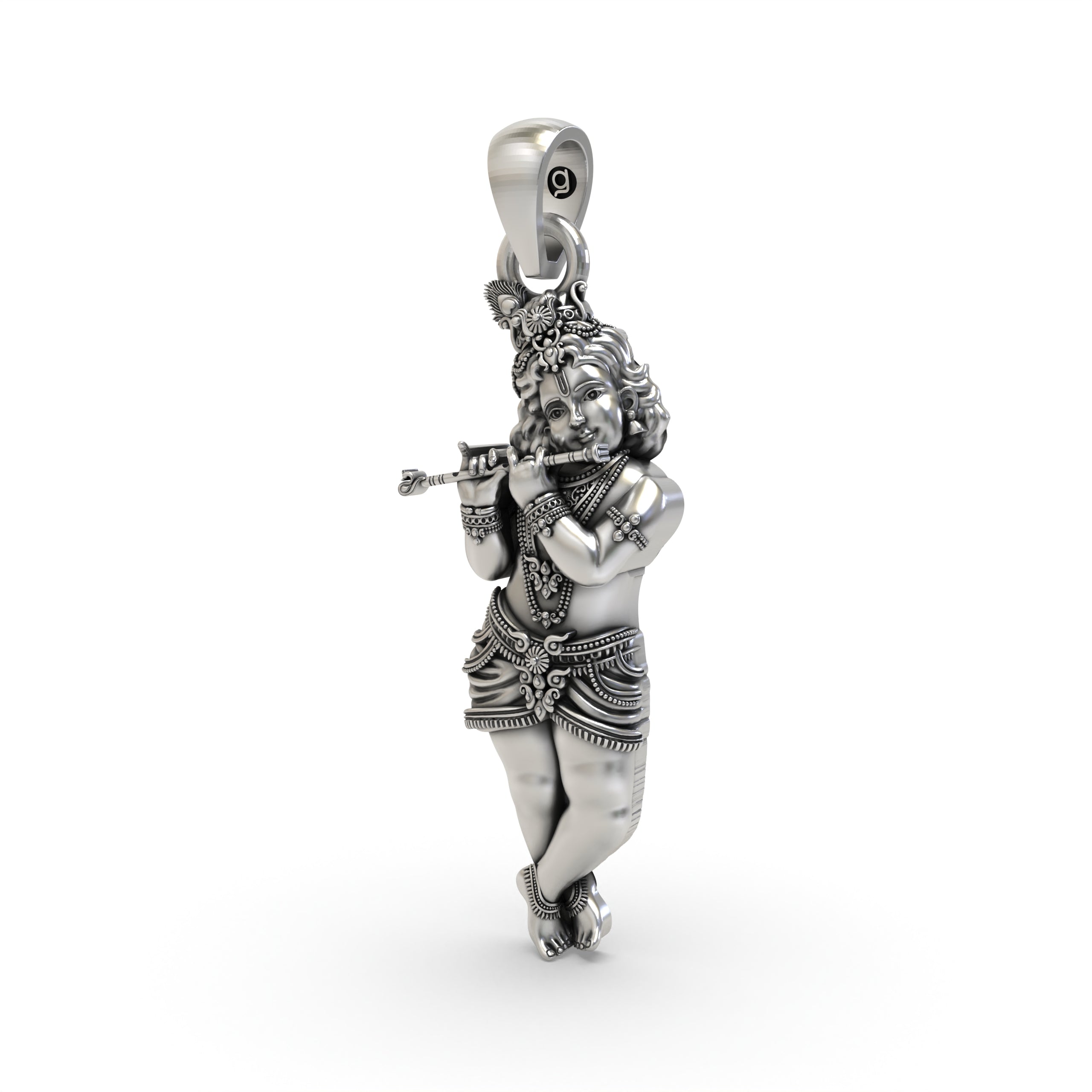 Angled side view of the Alankar Krishna flute pendant in 925 silver, highlighting its lightweight hollow back design.