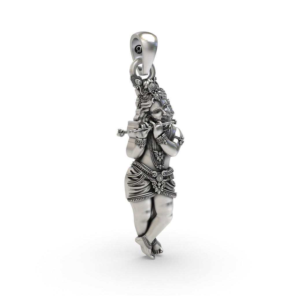 Detailed close-up of the oxidized 925 silver Krishna pendant, showcasing the intricate craftsmanship of the divine flute.