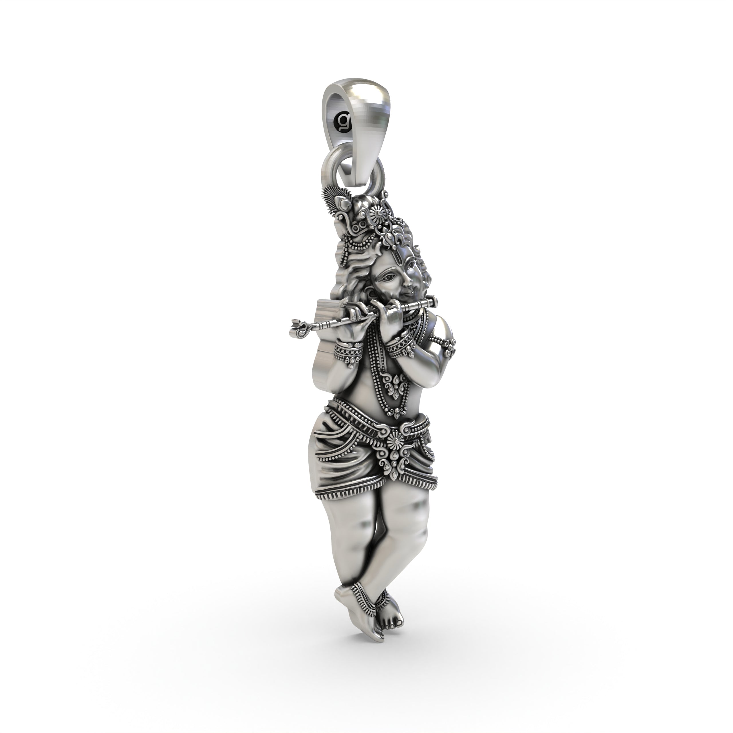 Detailed close-up of the oxidized 925 silver Krishna pendant, showcasing the intricate craftsmanship of the divine flute.