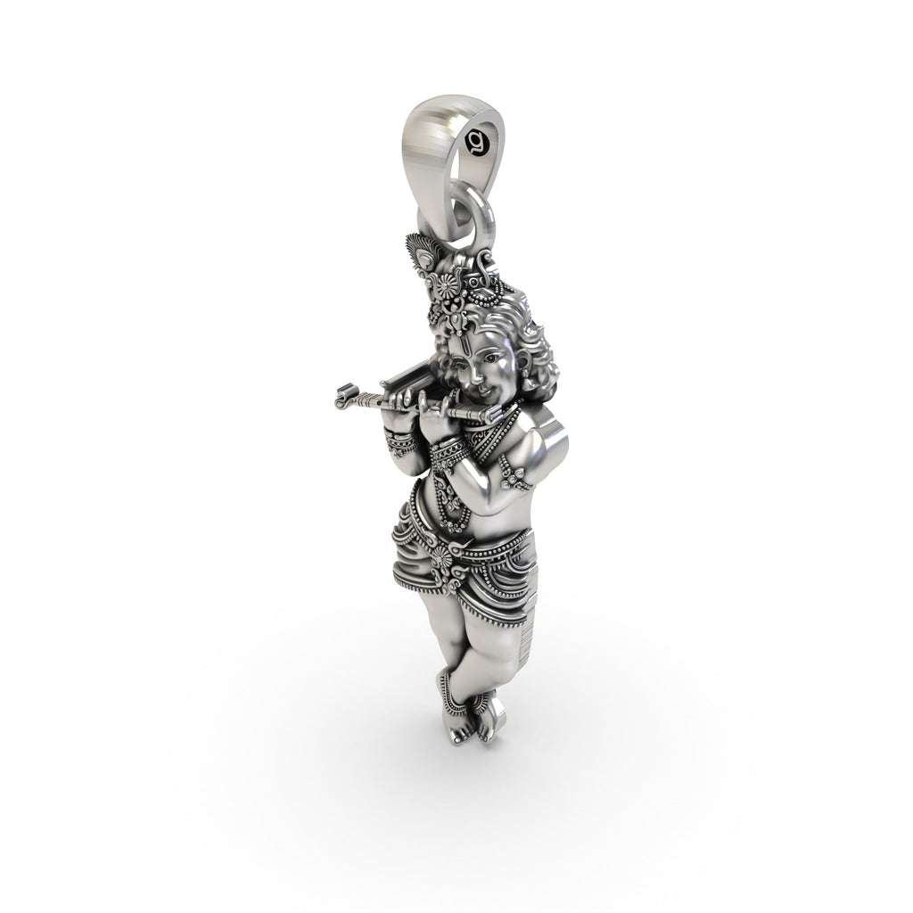 The spiritual 925 silver Krishna pendant displayed, showing its 30mm size and beautiful oxidized texture for daily wear.