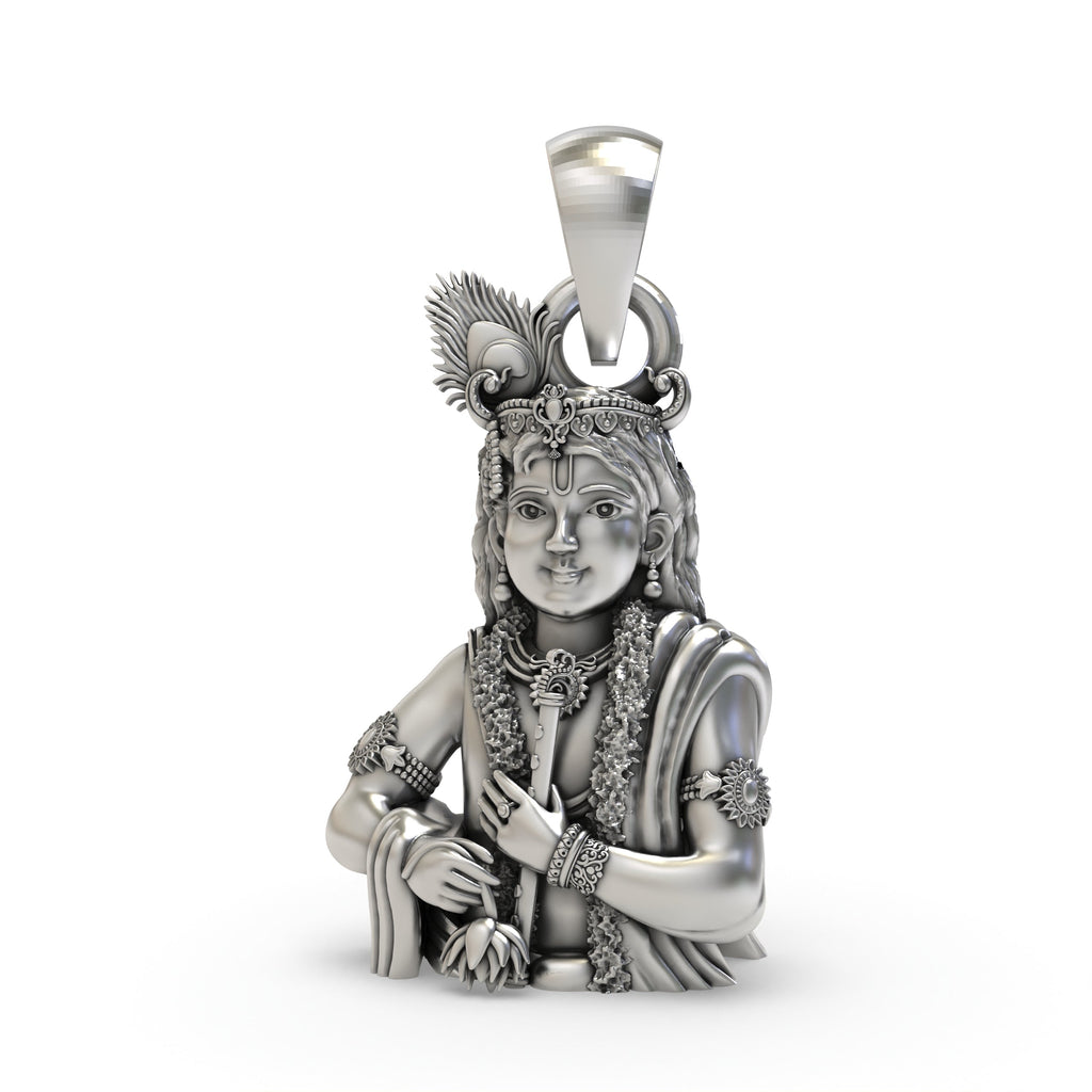 Front view of a divine 925 silver Lord Krishna pendant, intricately detailed with an antique oxidized finish.