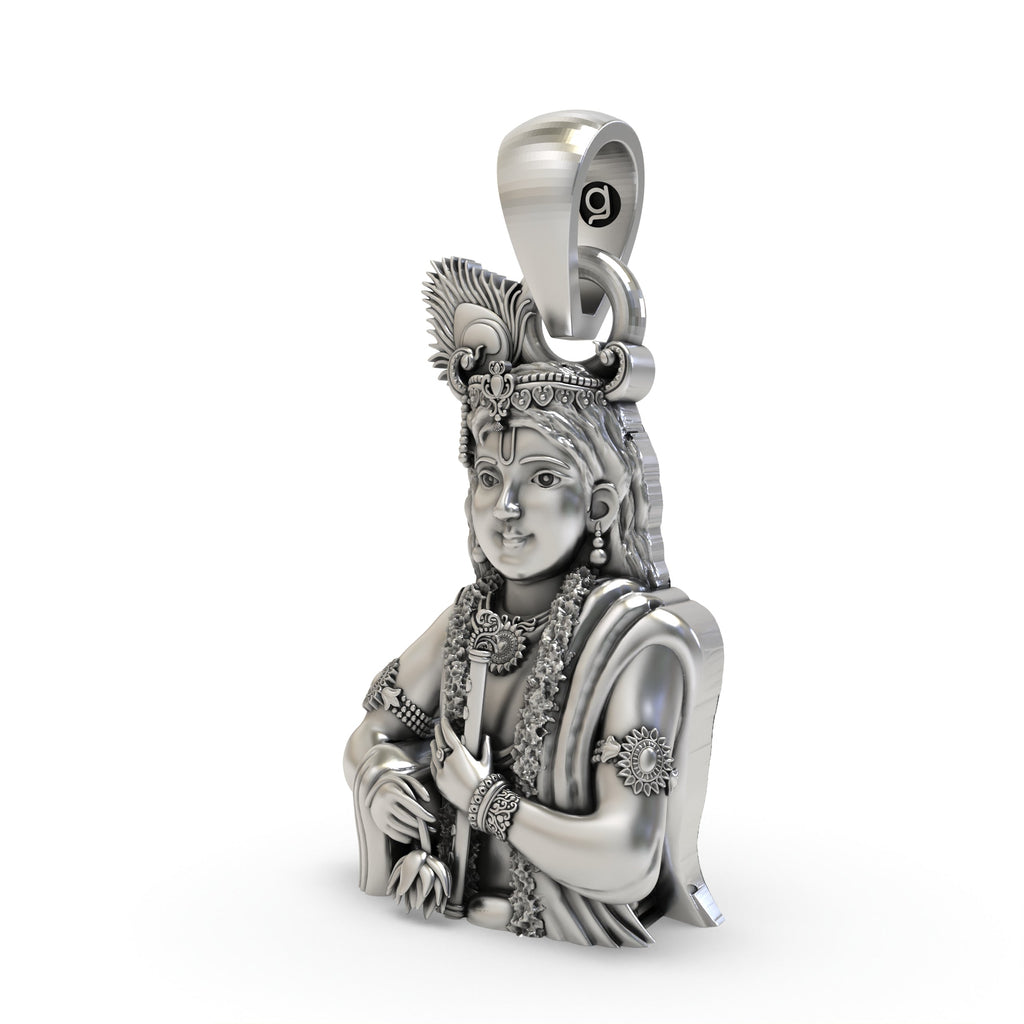 Close-up detail of the oxidized 925 silver Krishna pendant, highlighting the craftsmanship on the divine face and flute.