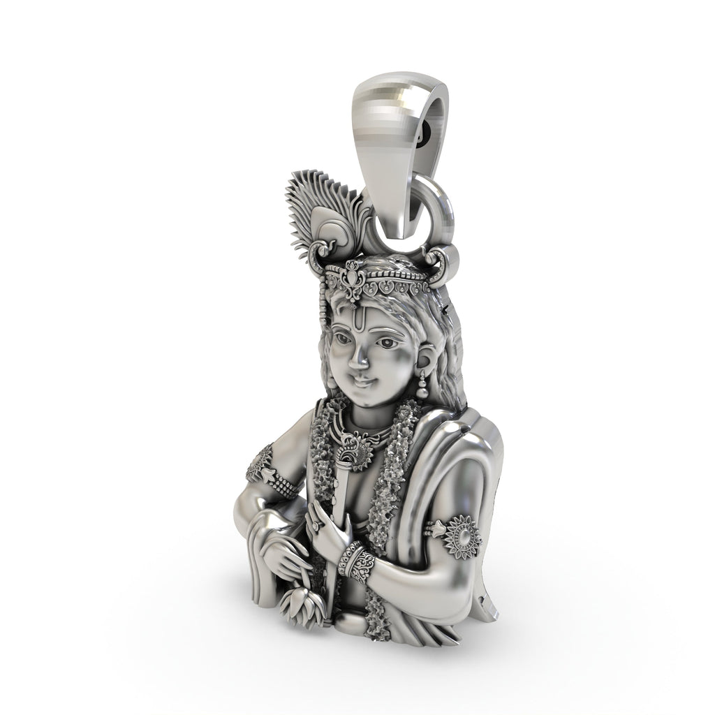 Angled side profile of the handmade 925 silver Krishna pendant, showing the depth of the flute-playing design.