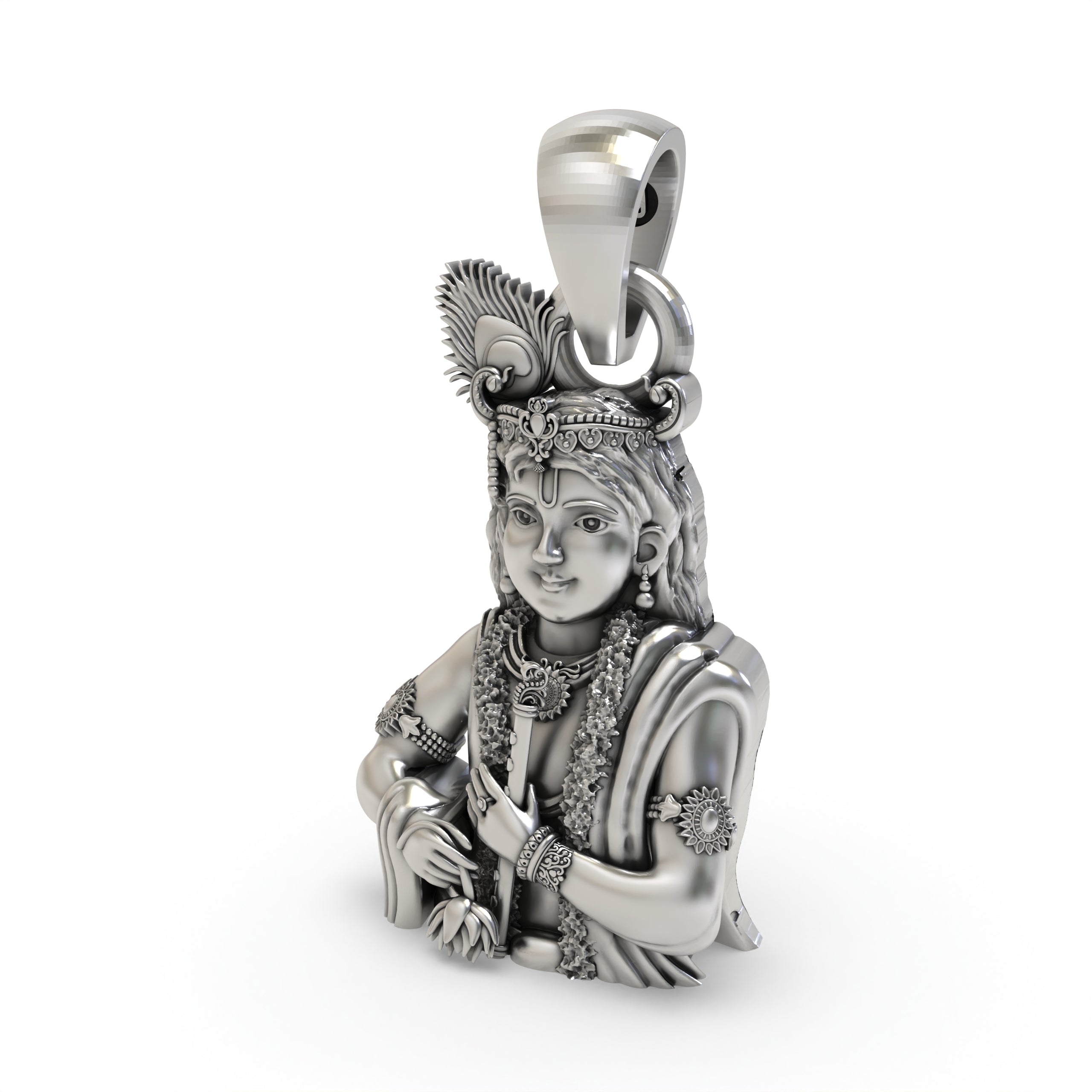 Angled side profile of the handmade 925 silver Krishna pendant, showing the depth of the flute-playing design.
