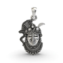 A detailed front view of the handmade 925 silver Shrinathji face pendant with an antique oxidized finish.