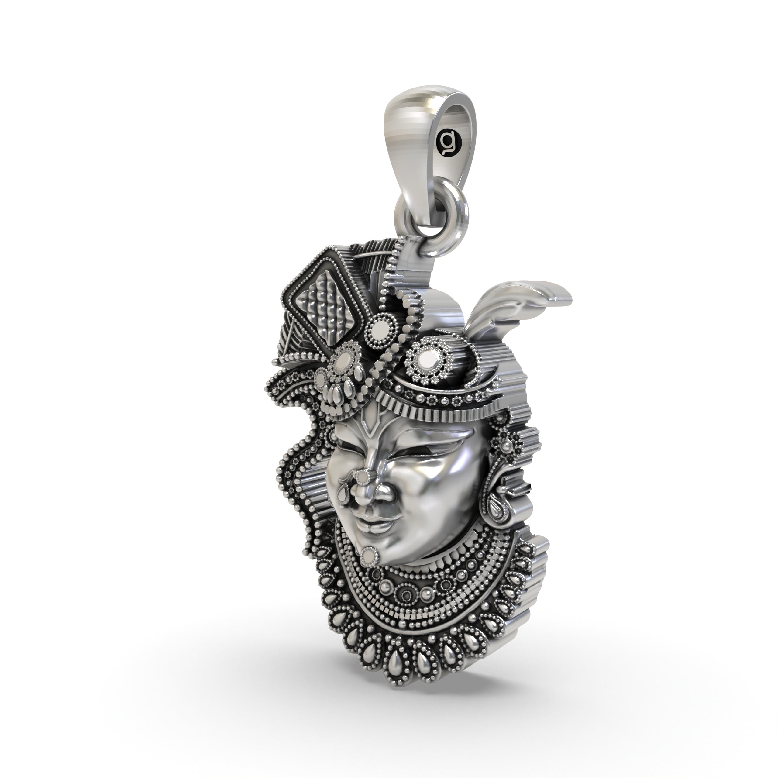 Angled side profile of the Nathdwara-inspired Shrinathji face pendant, showcasing its 925 silver craftsmanship.