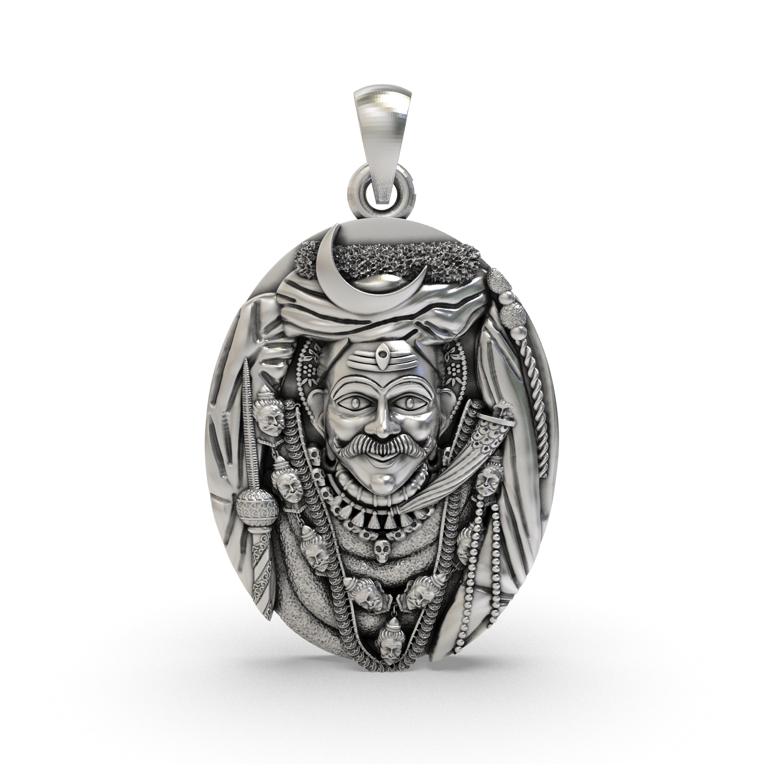 Front view of the Kashi Kaal Bhairav pendant in 925 silver, showing the fierce deity form of Lord Shiva. Main image