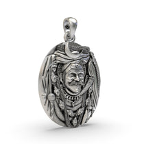 Close-up detail shot of the handcrafted Kaal Bhairav 925 sterling silver spiritual locket for men and women.