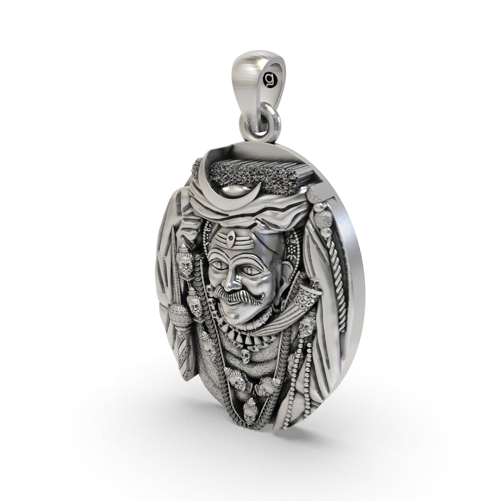 Side profile of the Bhairavnath protection amulet, displaying its dimensions and lightweight hollow back design.