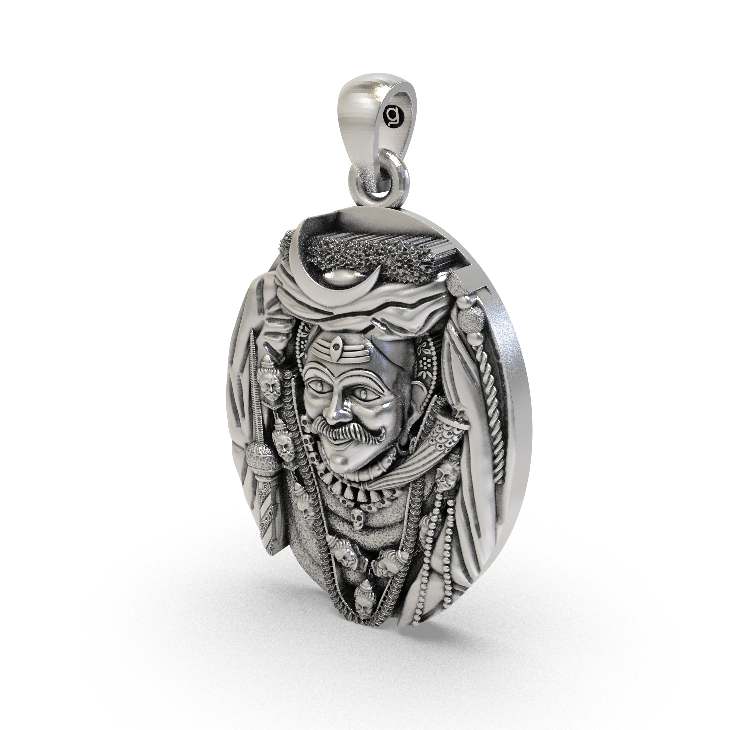 Side profile of the Bhairavnath protection amulet, displaying its dimensions and lightweight hollow back design.