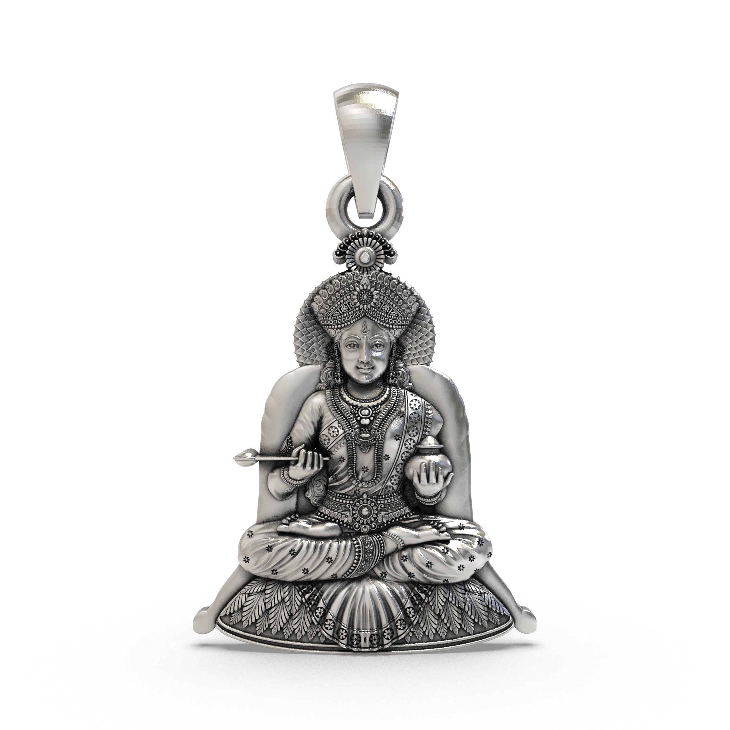 Front view of the Alankar Annapurna Devi pendant, crafted from oxidized 925 silver showing the Goddess of Nourishment. Main image