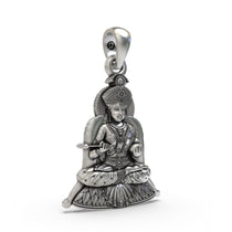 Close-up detail of the Hindu deity Annapurna Devi pendant, highlighting the intricate antique oxidized finish on 925 silver.