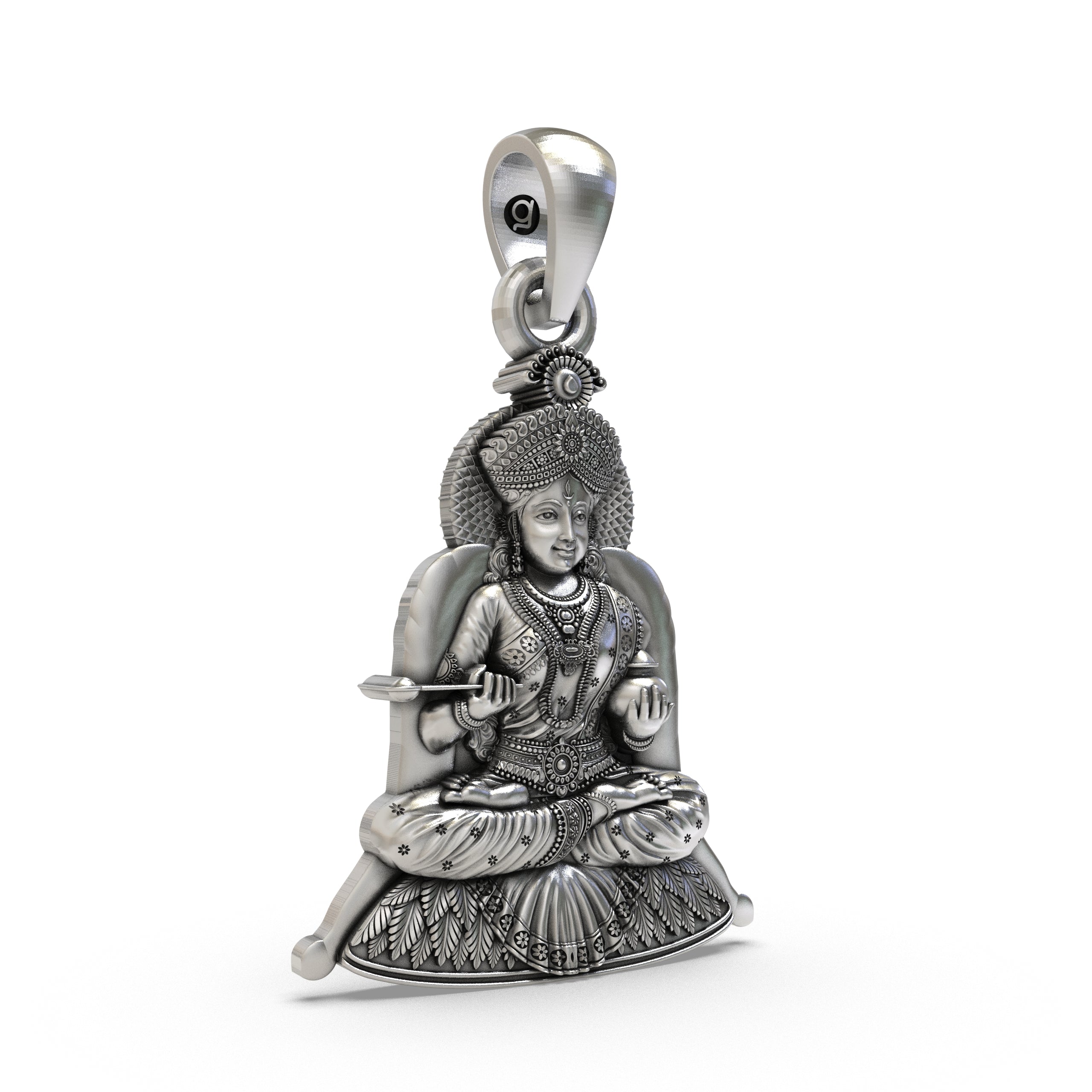 Close-up detail of the Hindu deity Annapurna Devi pendant, highlighting the intricate antique oxidized finish on 925 silver.