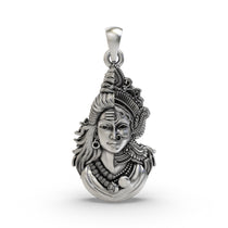 Front view of the Ardhanarishvara pendant in oxidized 925 silver, showing the combined form of Shiva and Parvati.