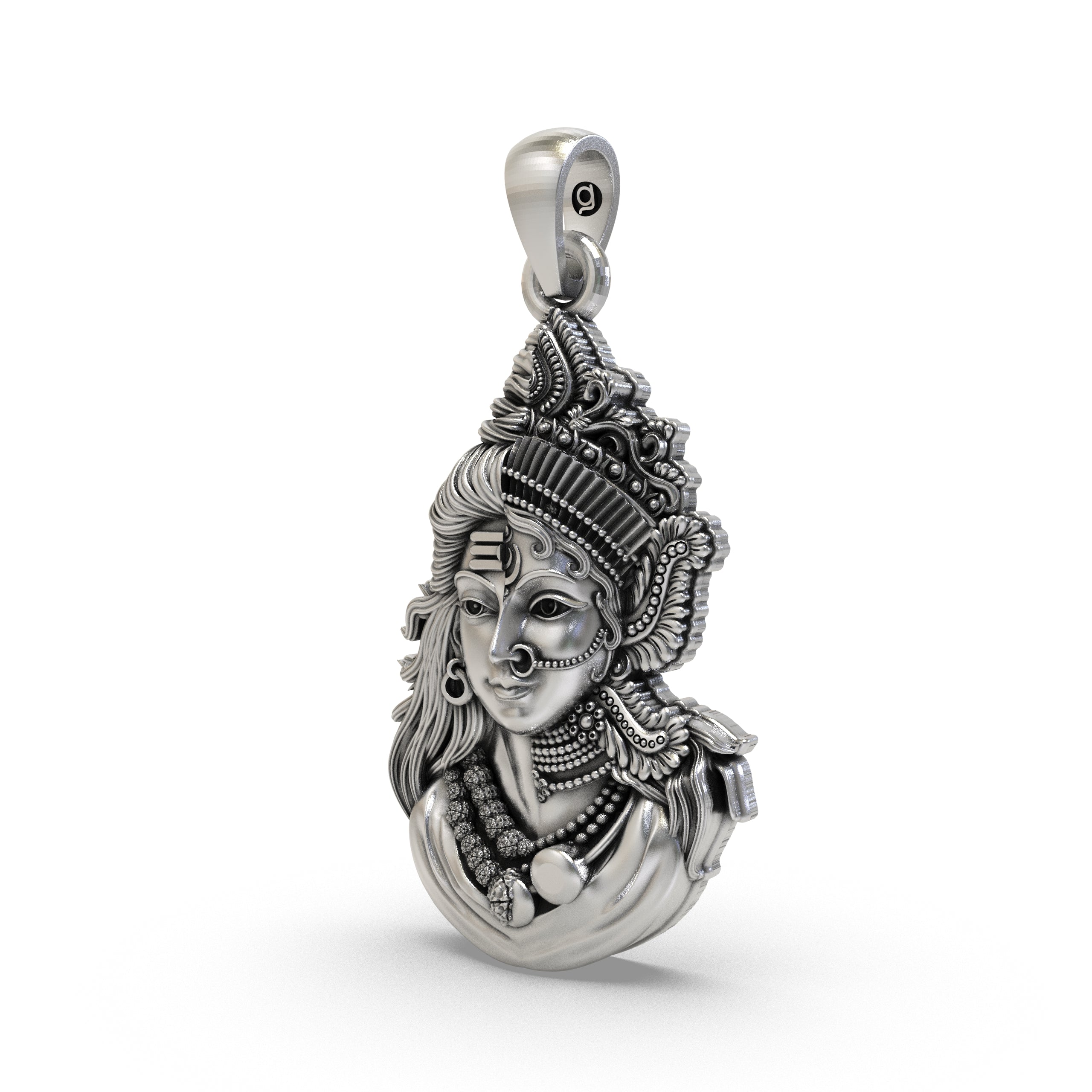 Close-up detail of the handcrafted Ardhanarishvara pendant, highlighting the antique oxidized finish on the 925 silver.