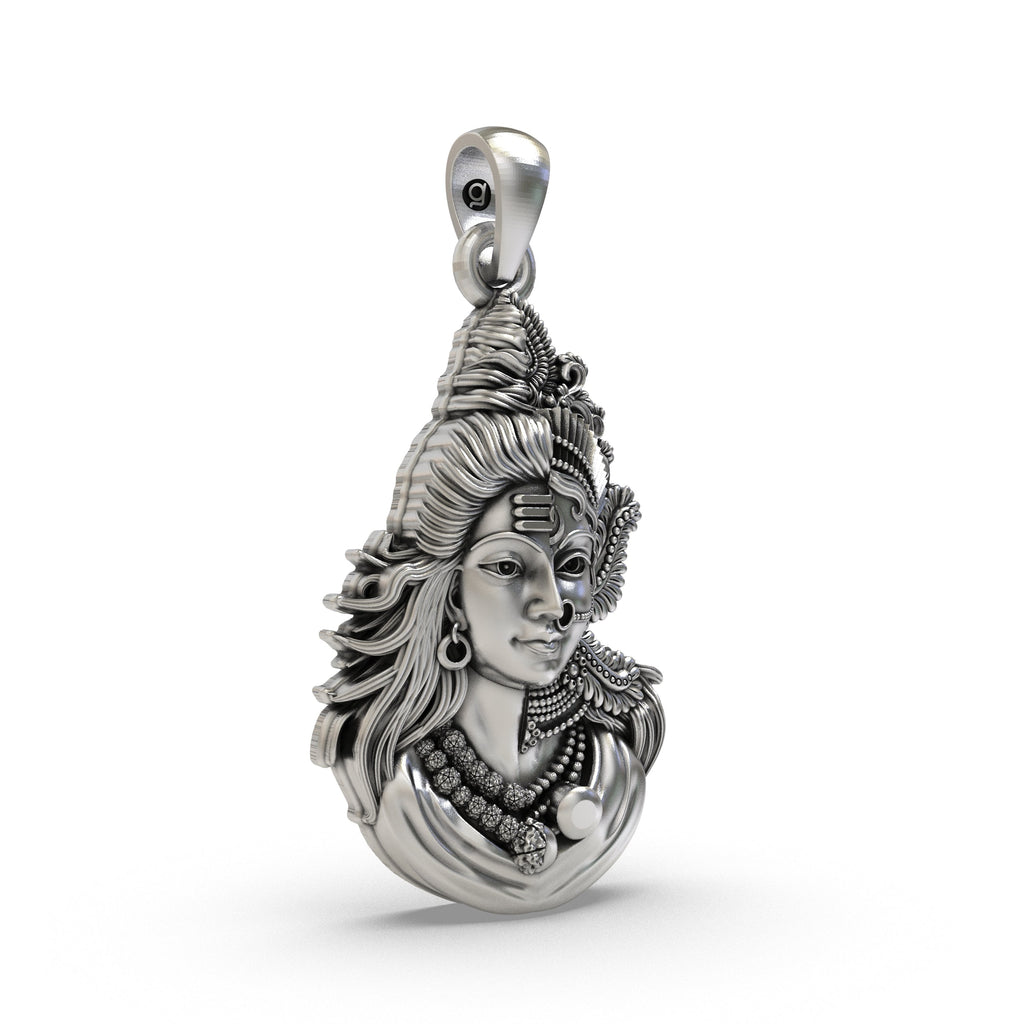 Angled side view of the Shiva Parvati Ardhanarishvara locket, showcasing its 3D form and hollow back design for comfort.