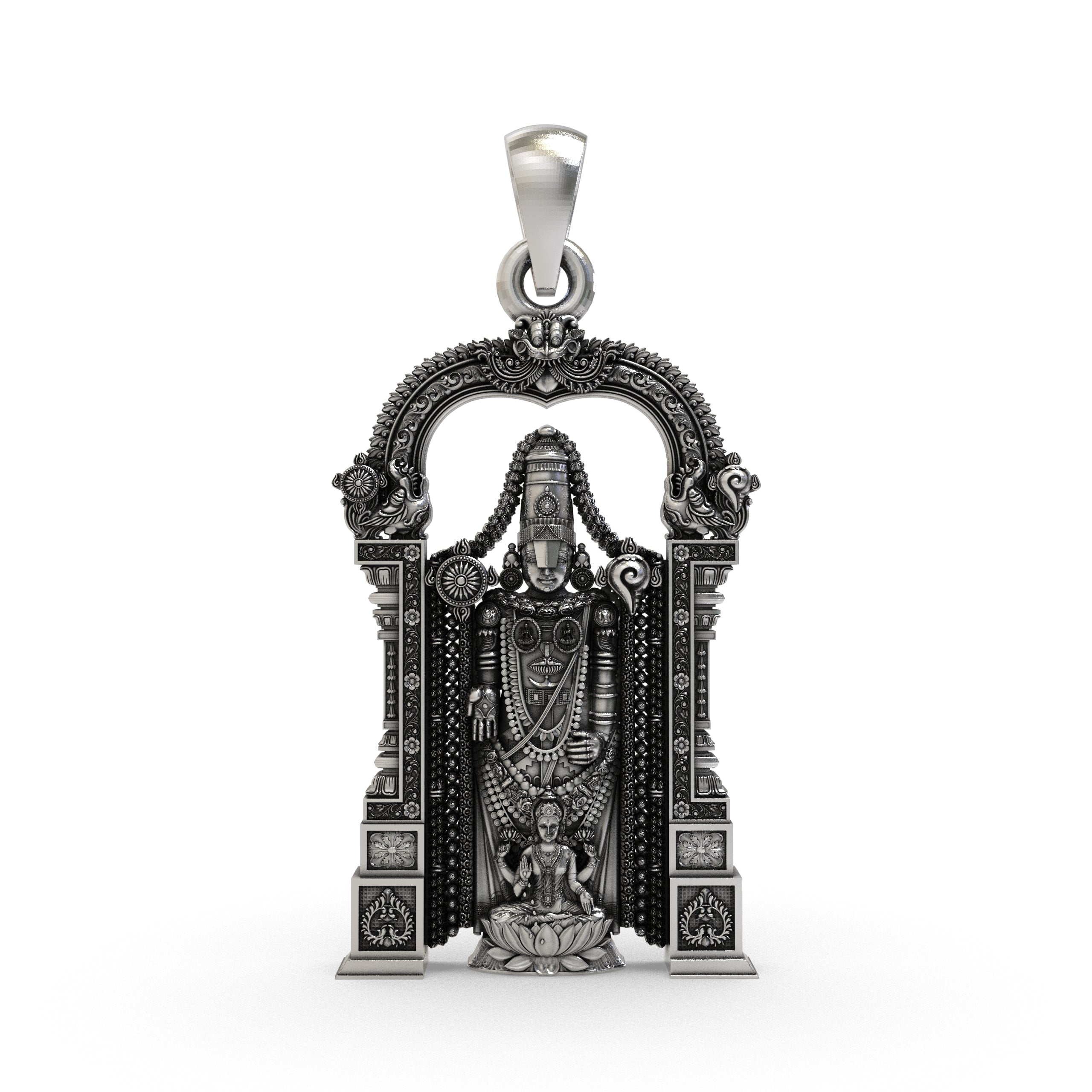 Front view of the 925 silver Tirupati Balaji pendant with Goddess Laxmi, showcasing the intricate oxidized finish. Main image