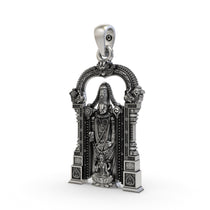 An angled profile of the Lord Venkateswara and Lakshmi silver pendant, highlighting its detailed craftsmanship.