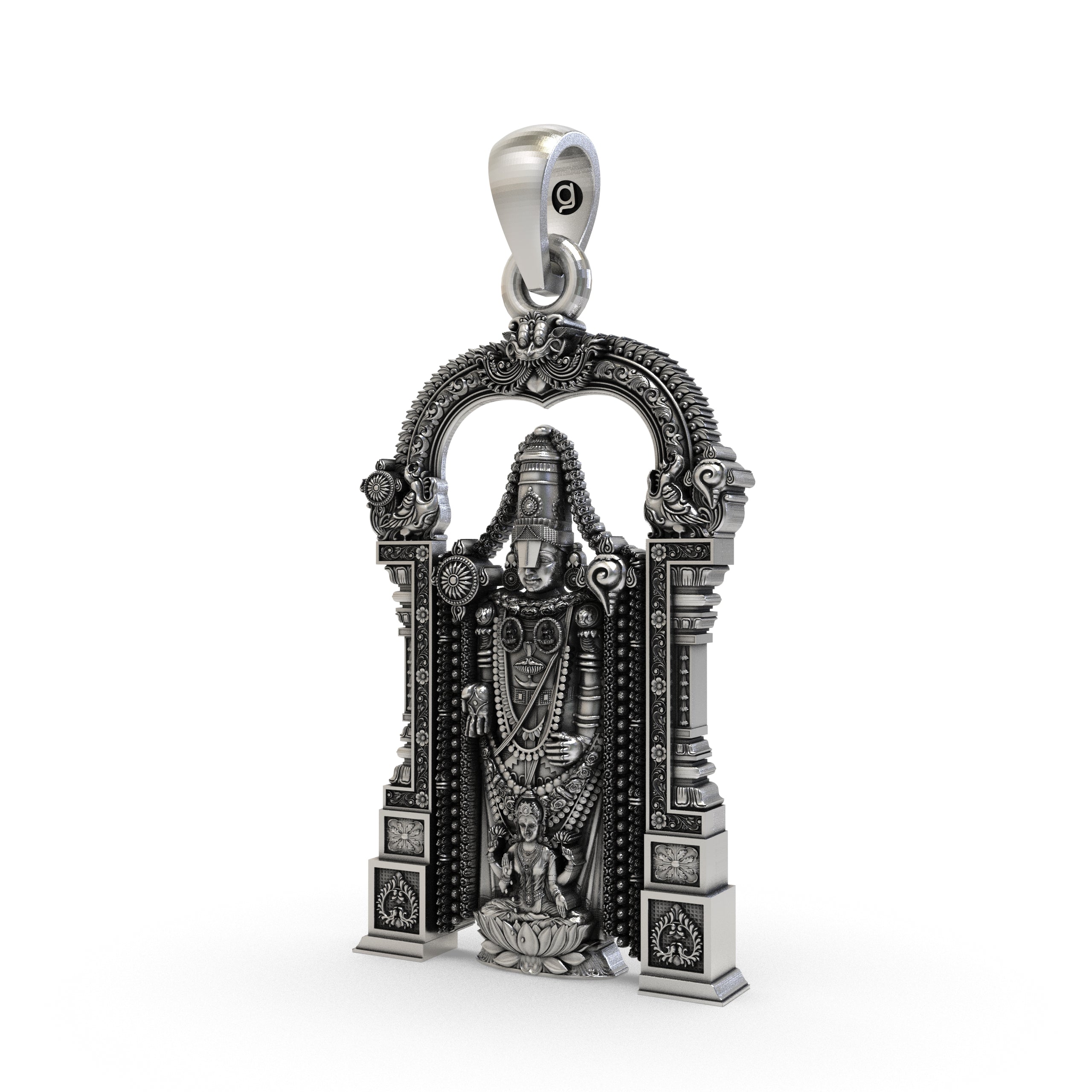An angled profile of the Lord Venkateswara and Lakshmi silver pendant, highlighting its detailed craftsmanship.