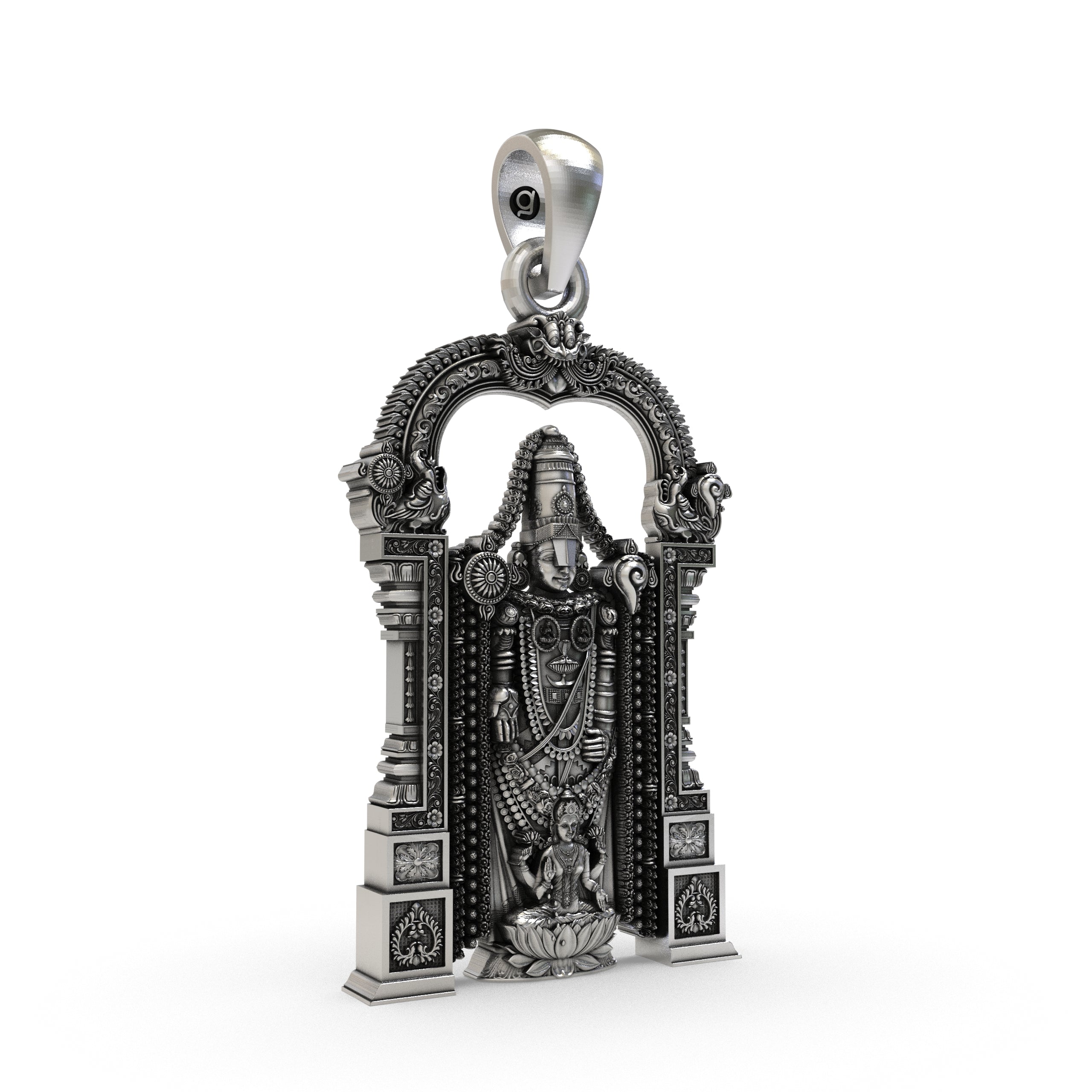 Close-up detail of the 925 sterling silver Tirupati Balaji locket, focusing on the divine figures and antique look.