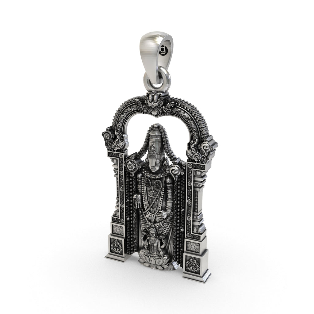 The Tirupati Balaji and Laxmi silver pendant shown with its hollow back design for comfortable, lightweight wear.