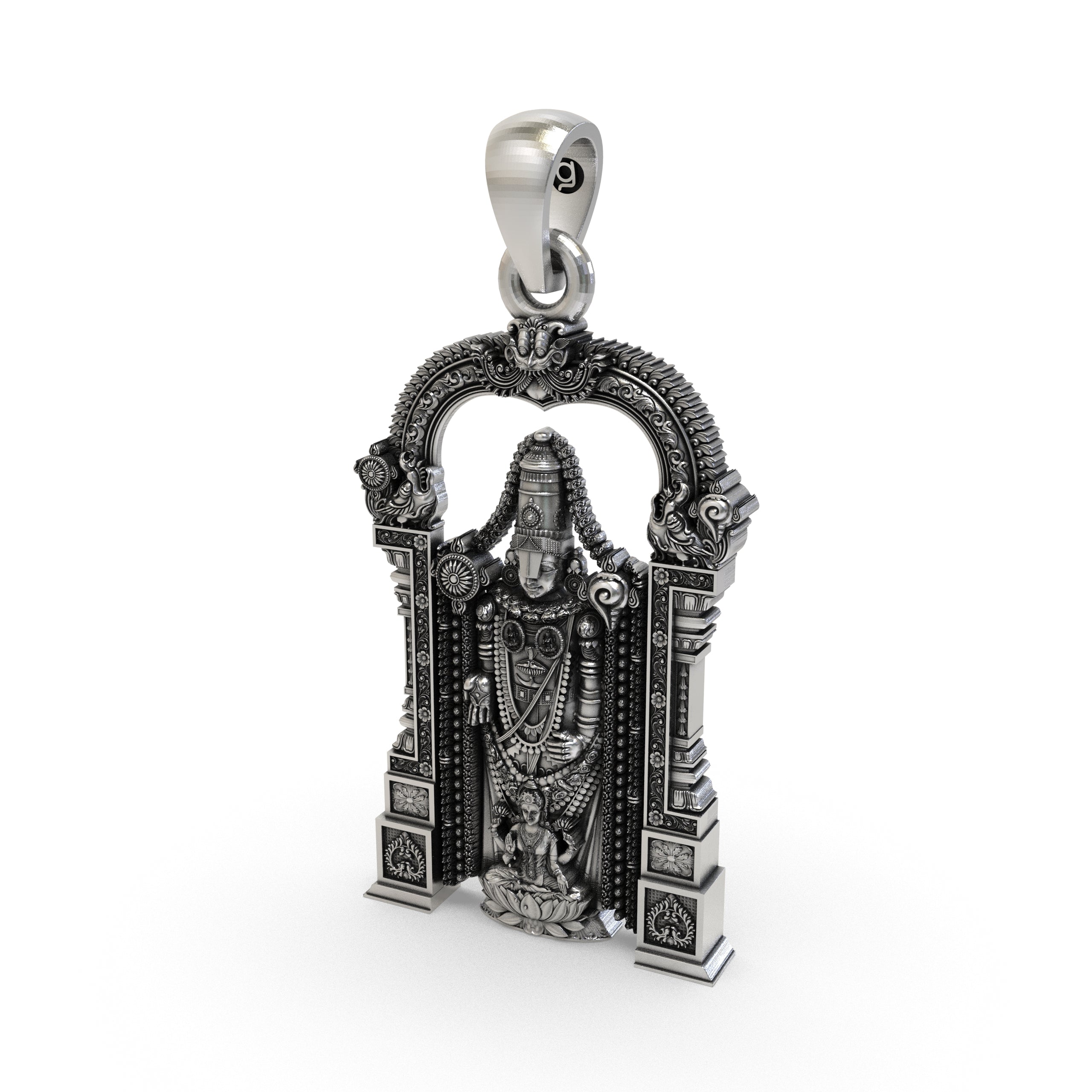 The Tirupati Balaji and Laxmi silver pendant shown with its hollow back design for comfortable, lightweight wear.