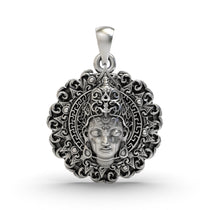 Front view of a square 925 silver Buddha face pendant featuring a serene expression and a classic oxidized finish.