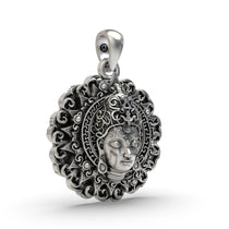 A close-up of the spiritual 925 silver Buddha face pendant, highlighting the intricate details of the meditative face.